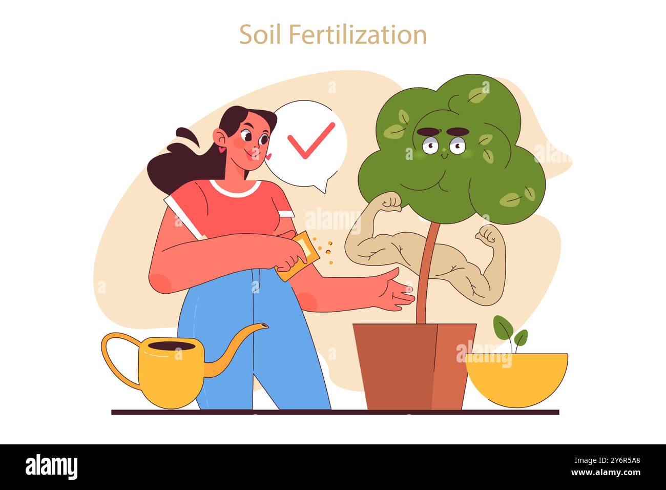 Tipps zur Hauspflanzenpflege. Charakter Genießen Sie die Gartenarbeit, die sich um Topfpflanzen kümmert. Bodendüngung, städtebauliche Beratung. Illustration des flachen Vektors Stock Vektor