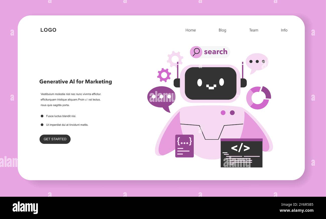 KI oder künstliche Intelligenz in Marketing-Webbanner oder Landing-Page. KI-basierte Werbung mit KI-generiertem Content-Plan. Marketing compaign Entwicklung mit generativem ann. Illustration des flachen Vektors Stock Vektor