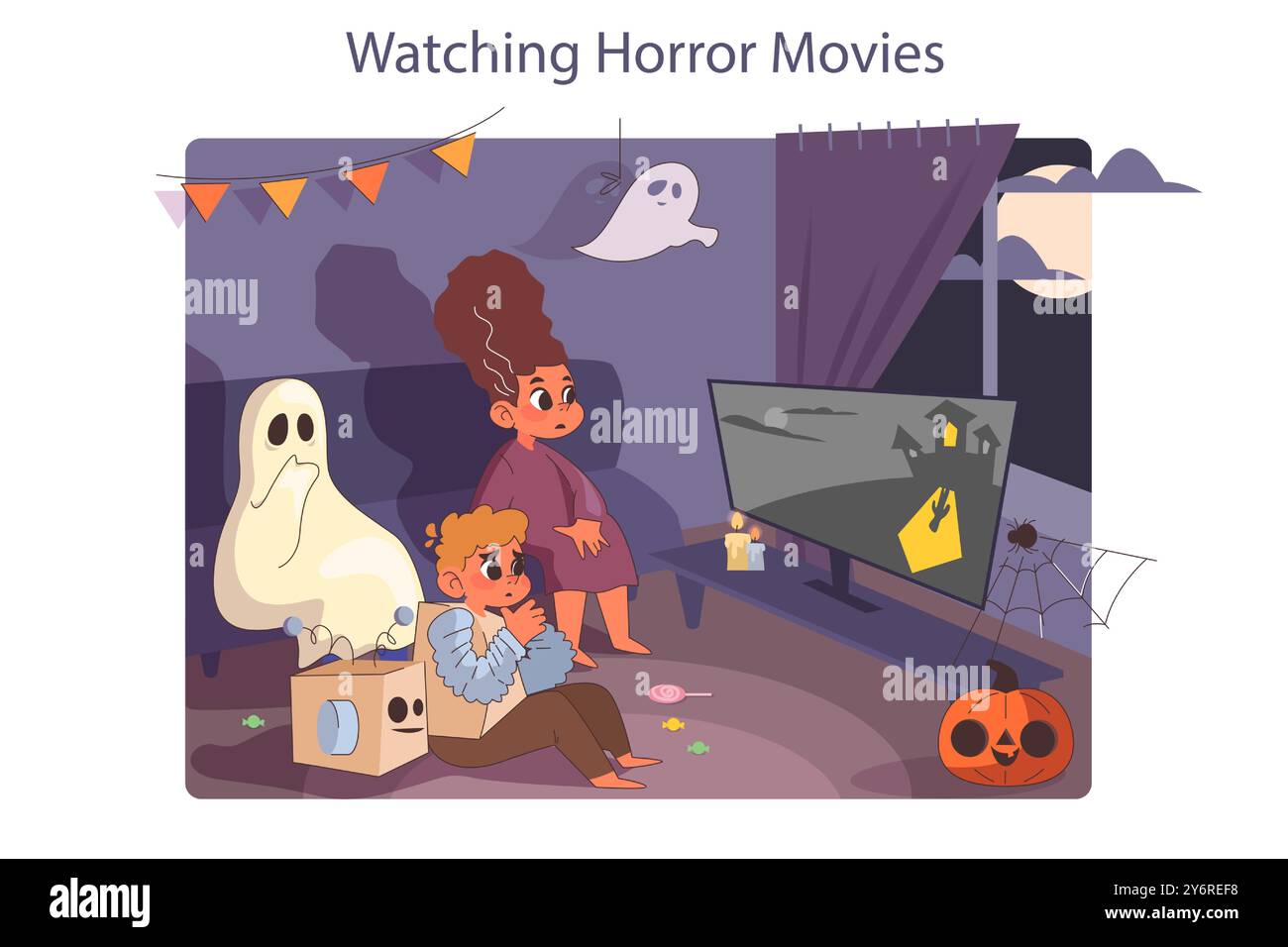 Halloween feiern. Glückliche Kinder tragen Kostüm auf einer Trick-or-Treat-Party. Gruppe von Freunden, die Horrorfilme zu Hause anschauen. Gruselige Nachttradition. Illustration des flachen Vektors Stock Vektor