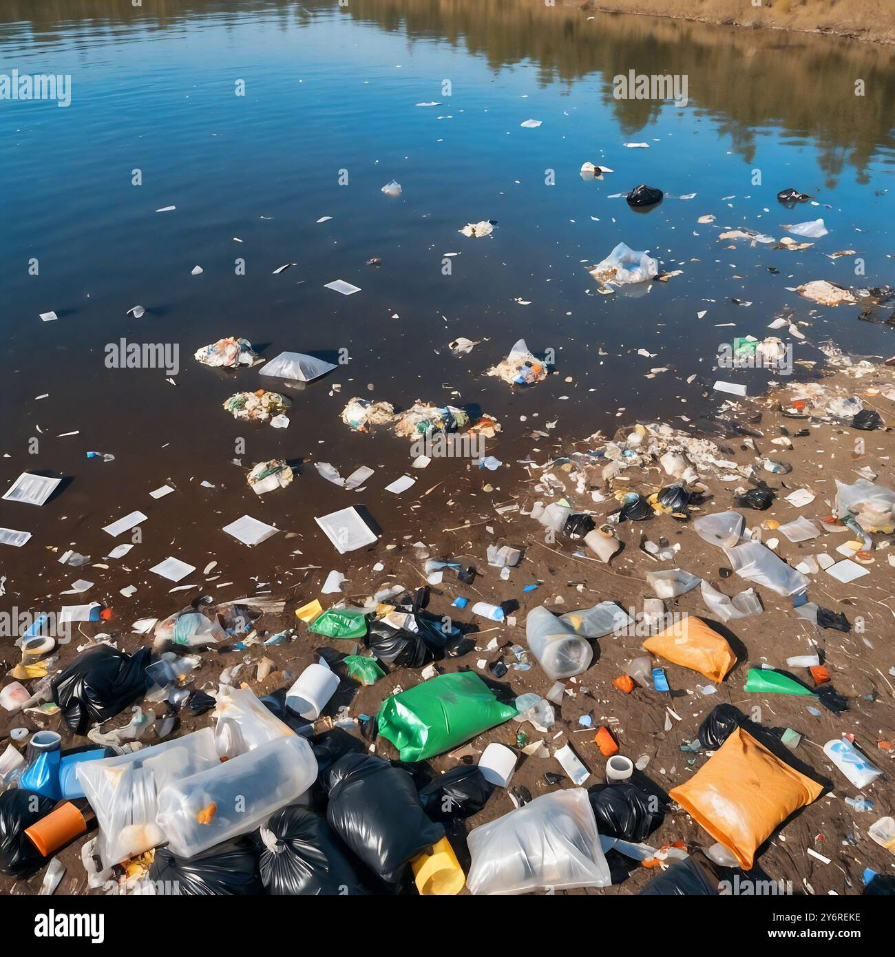 Verschmutztes Wasser und Küste mit Kunststoffabfällen Stockfoto