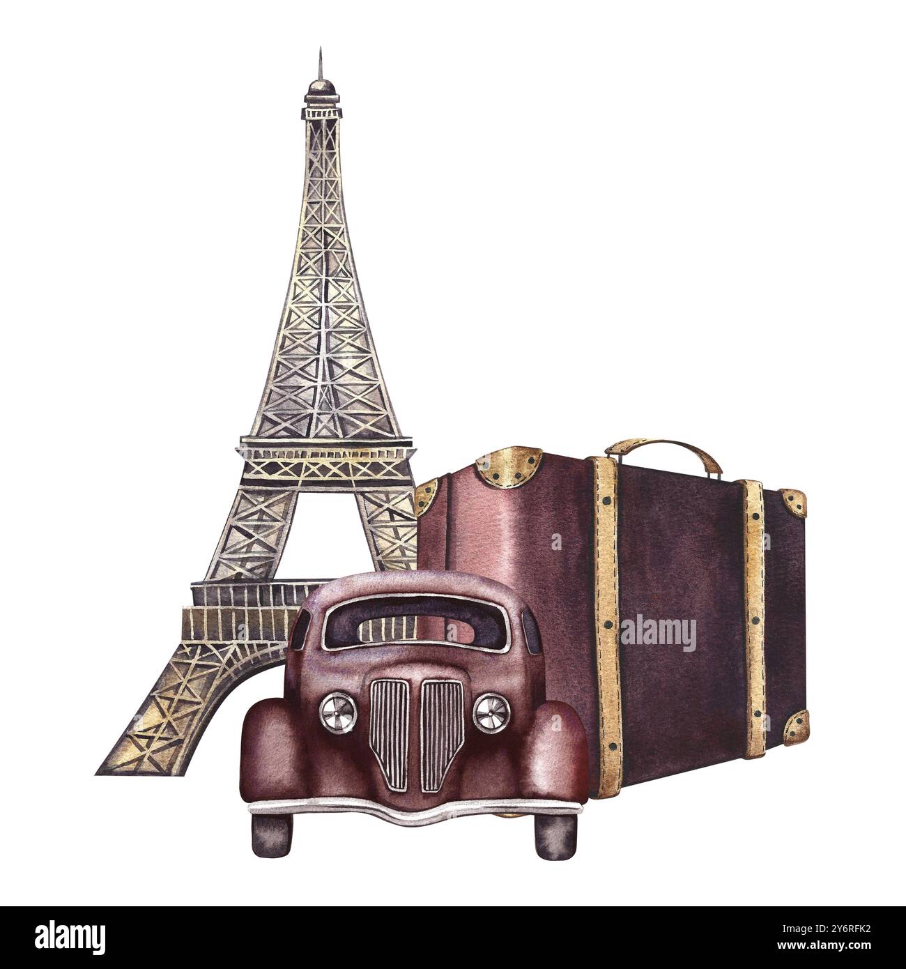 Vintage-Reise nach Paris. Ein Retro-Auto, ein Eiffelturm und ein Retro-Koffer. Eine Aquarellabbildung von Hand. Zum Drucken, Aufklebern, Grußworten und Stockfoto