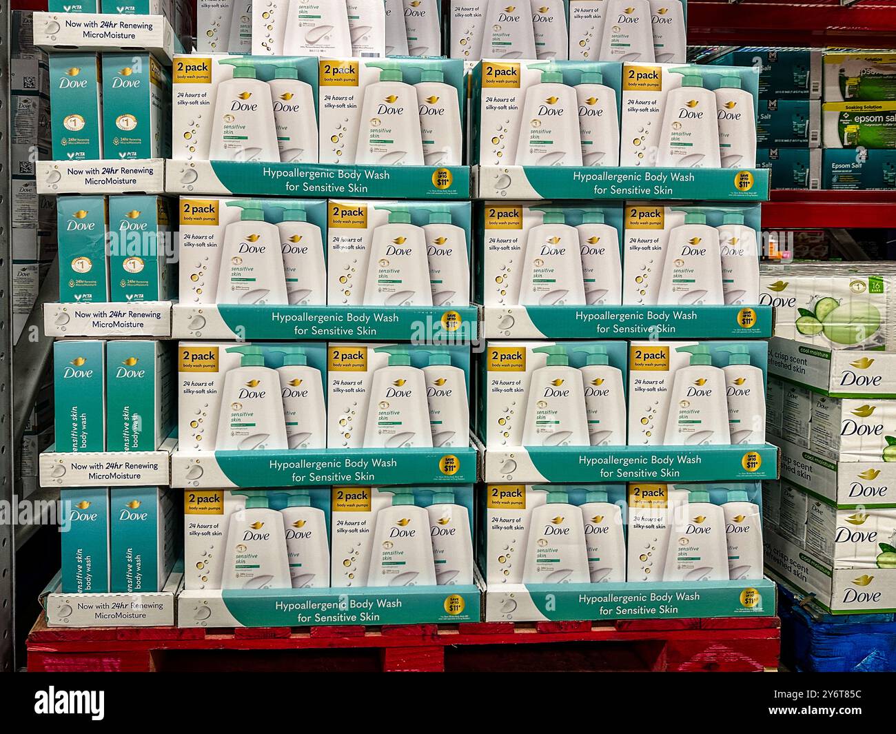Flaschen mit Dove Sensitive Skin Wash in einem Sam's Club Großhandelsgeschäft Stockfoto