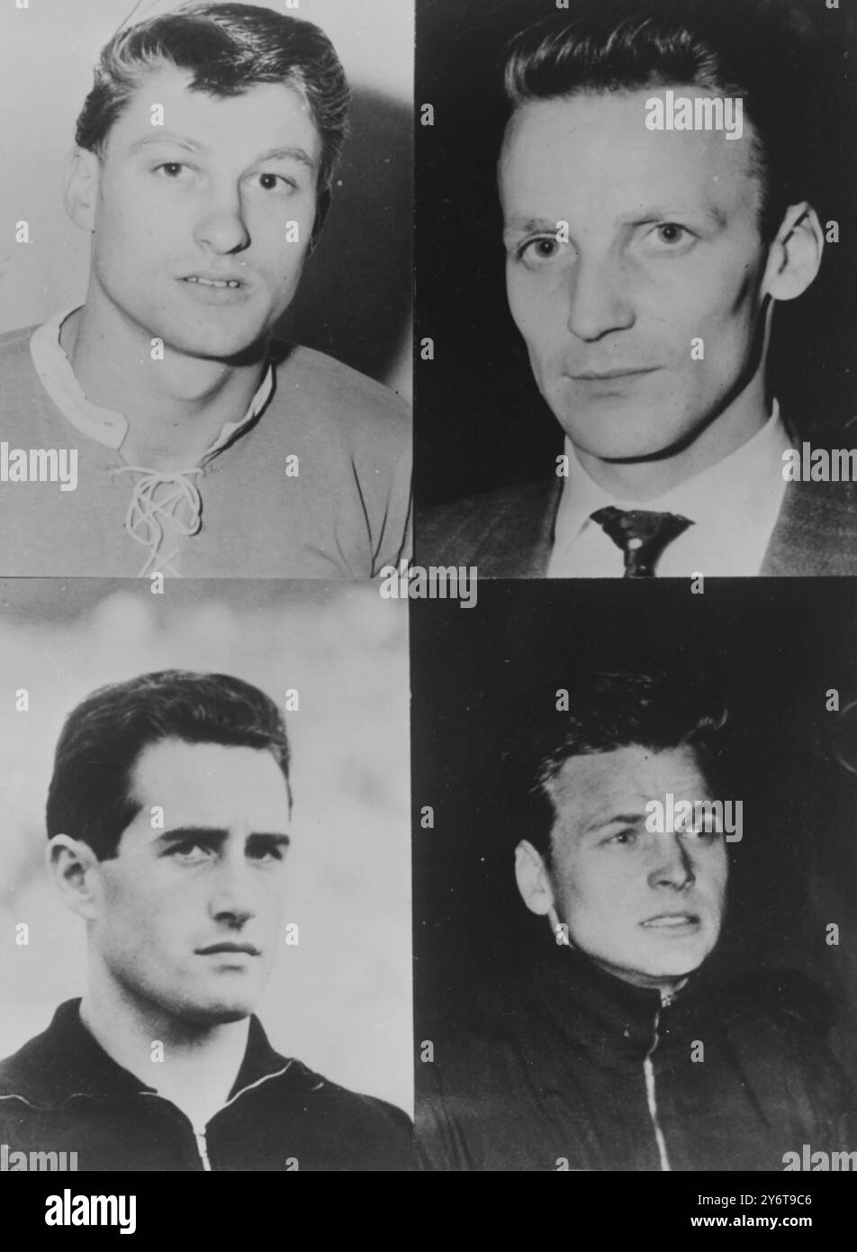 FUSSBALLER - BERTI KRAUS, FRIEDEL LUTZ, HANS TILKOWSKI UND THIELEN - DEUTSCHE FUSSBALLNATIONALMANNSCHAFT / 18. DEZEMBER 1961 Stockfoto