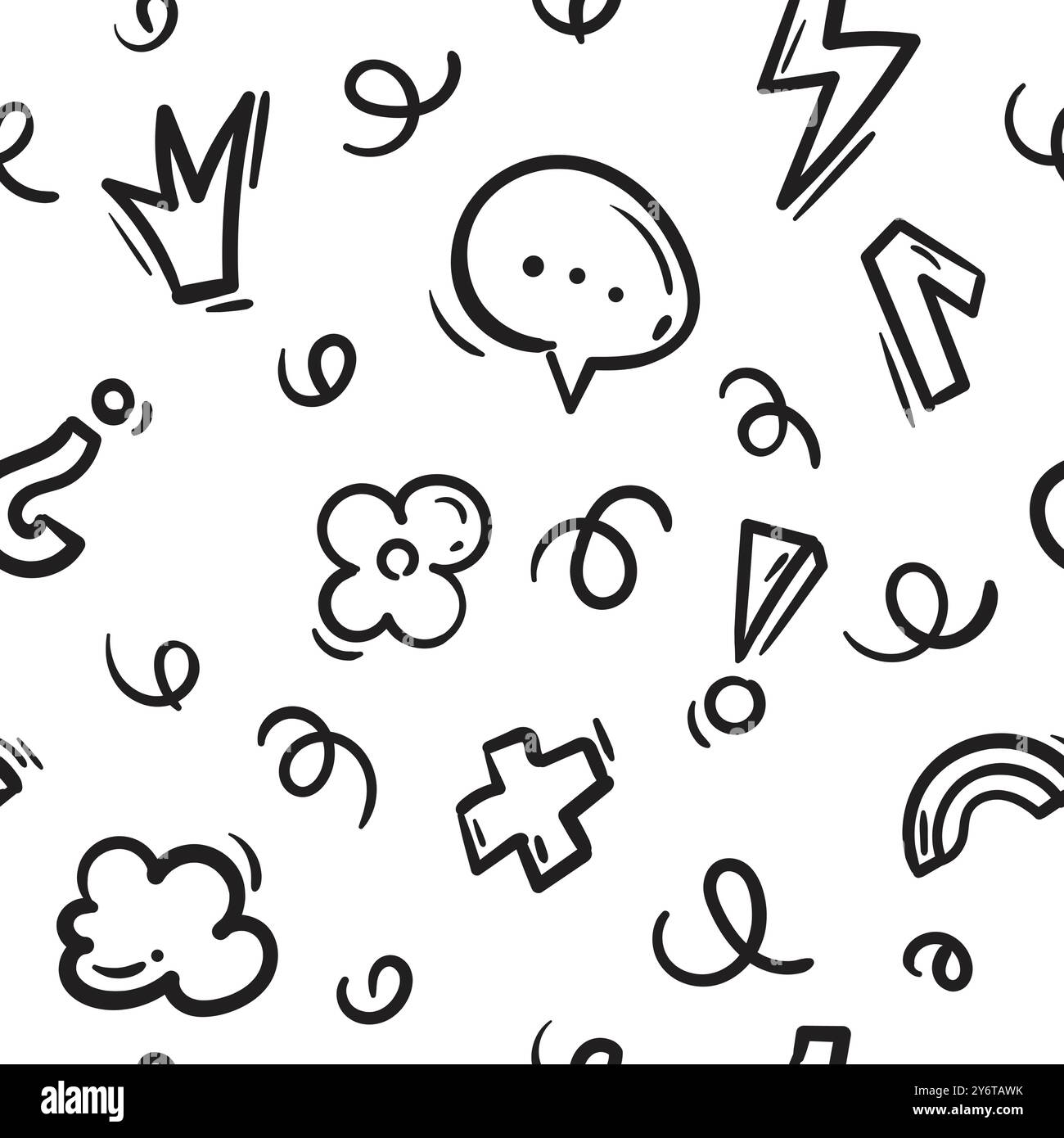 Einfaches handgezeichnetes nahtloses Muster mit Dialogfeldern, Krone, Blume, Blitz, Zickzack. Schilder und Symbole für Design Stock Vektor