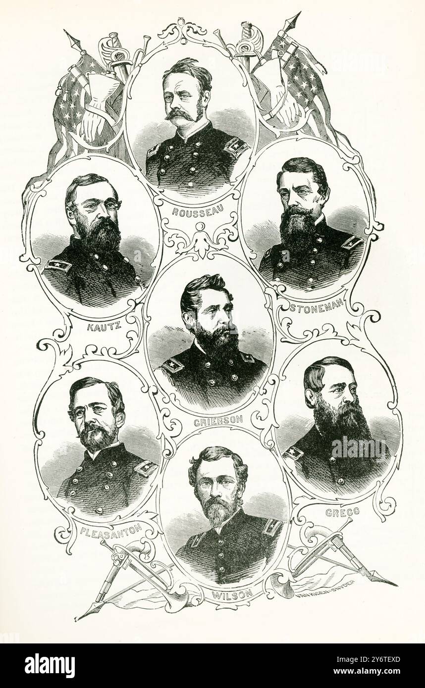 Diese Illustration aus den frühen 1900er Jahren zeigt Porträts von Federal Cavallry Commanders. Von oben nach unten, von links nach rechts: Rousseau, Kautz, Stoneman, Grierson, Pleasanton, Gregg, Wilson. Stockfoto