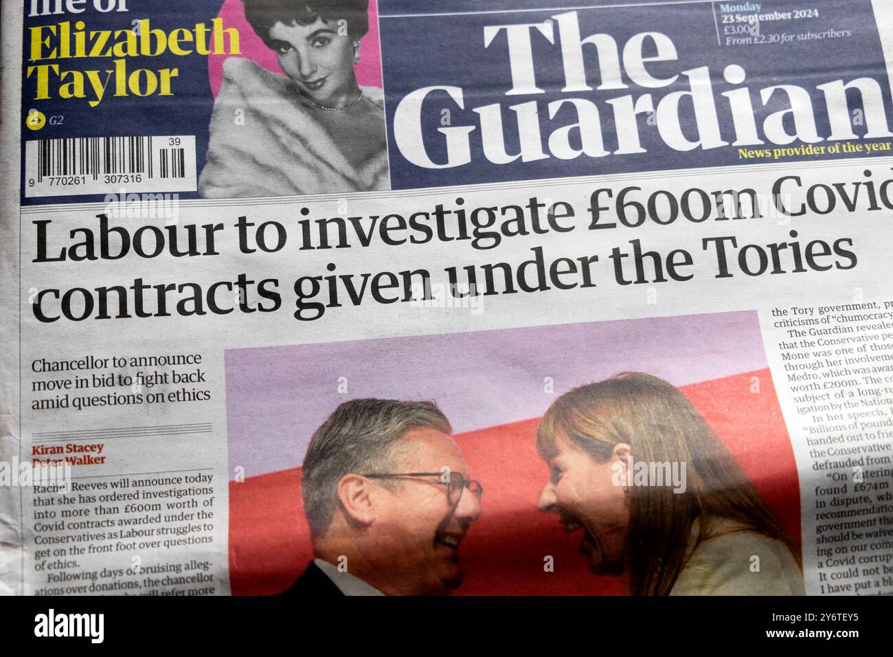 "Arbeit zur Untersuchung von COVID-Verträgen im Wert von 600 Mio. £, die unter der Überschrift der Zeitung Tories' Guardian veröffentlicht wurden, 23. September 2024 London UK Stockfoto