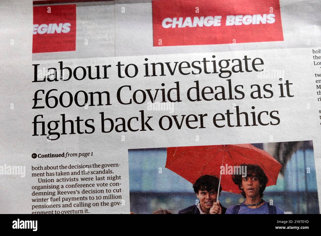 "Labour to Investigation GBP 600 Millionen COVID Deals as it Fights Back over Ethics' Guardian zeitungsartikel 23 September 2024 London UK Stockfoto