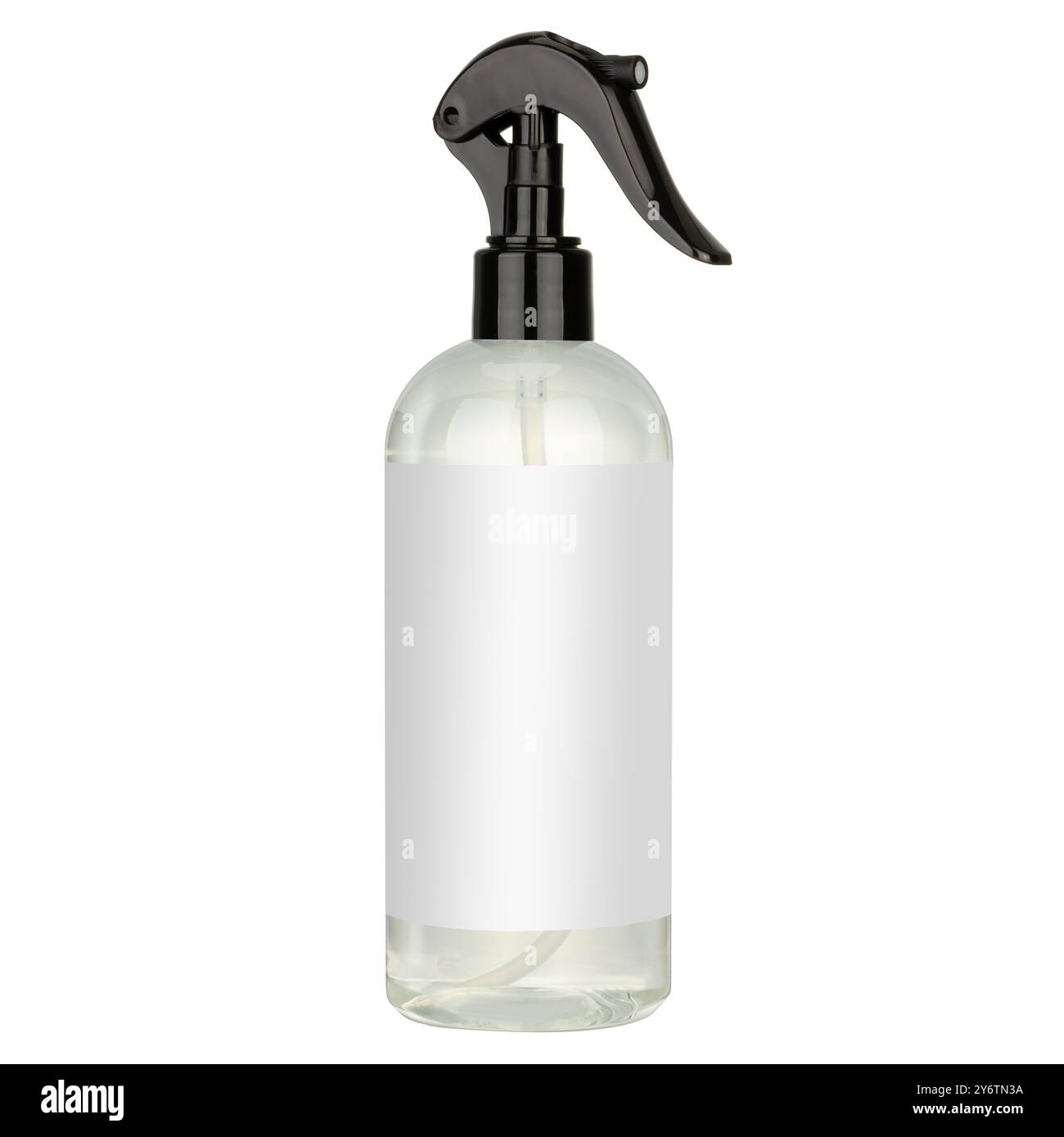 Transparente Sprühflasche mit schwarzem Etikett Stockfoto