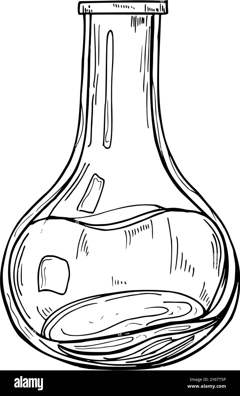 Einfarbige offene Glasflaschen mit ätherischem Bio-Parfümöl, realistische grafische Zeichnung. Handgezeichnetes Element mit schwarzer Tinte. Stock Vektor