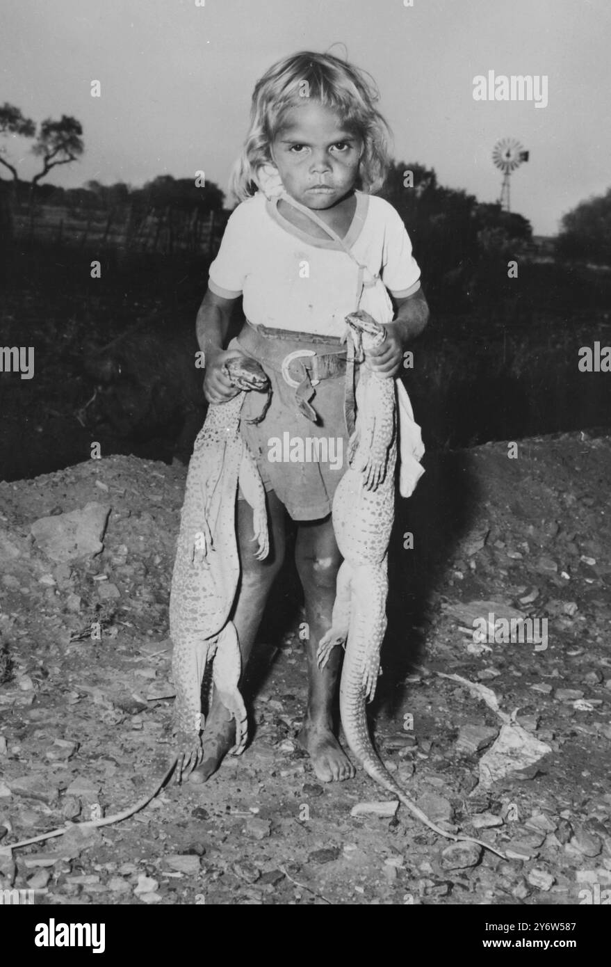 AUSTRALISCHES ABORIGINE-KIND MIT KLEINEN REPTILIENECHSEN / 29. JUNI 1961 Stockfoto