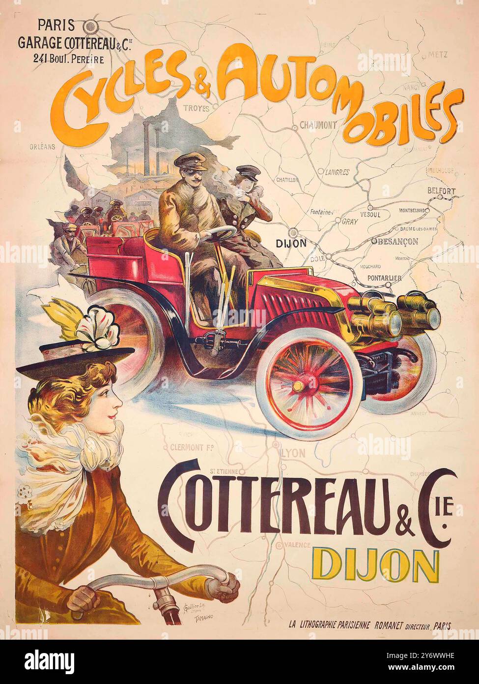 Vintage-französisches Fahrrad- und Automobilwerbung-Poster: Cottereau, Cycles and Automobile Dijon. Mit einer Frau, die um 1905 ihr Fahrrad von Francisco Tamagnon fuhr Stockfoto