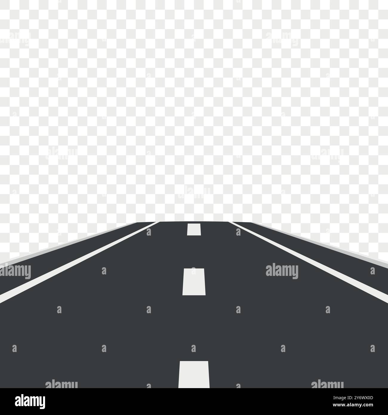 Flaches Straßendesign mit gestrichelten Markierungen. Malerischer Cartoon Highway, Abgelegen. Schwarze Straße, Autobahn, Track, Vorderansicht, Spurmarkierungen. Vektorabbildung Stock Vektor