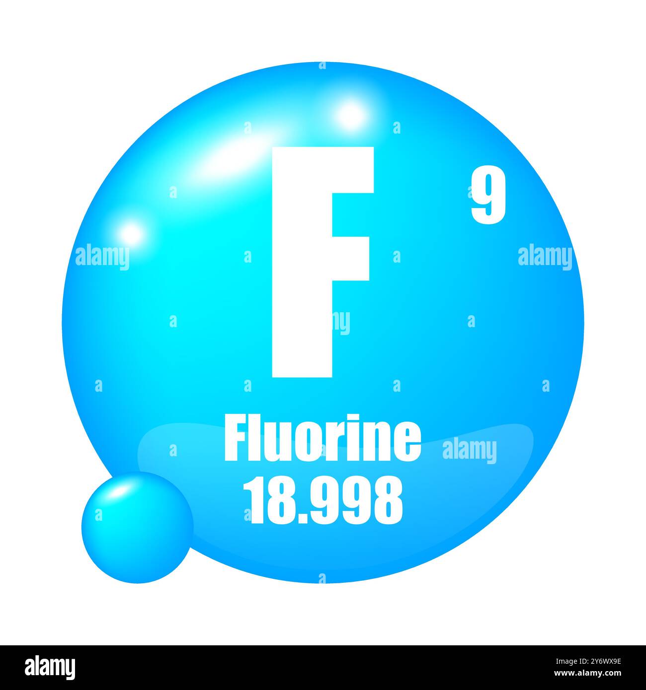 Symbol für Fluorelement. Atomzahl 9. Atommasse 18.998. Blaue kugelförmige Form. Stock Vektor