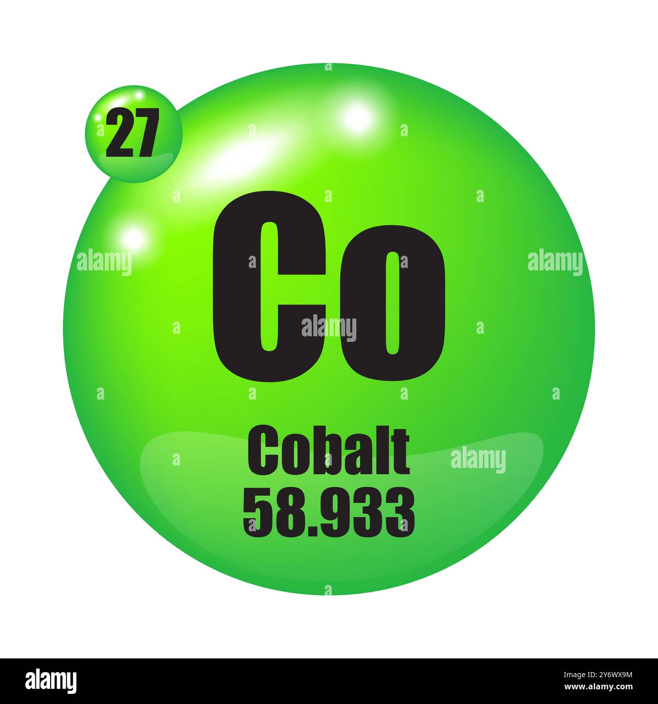 Symbol für Kobaltelement. Co-Symbol Fokus. Atomzahl 27. Masse 58.933. Stock Vektor