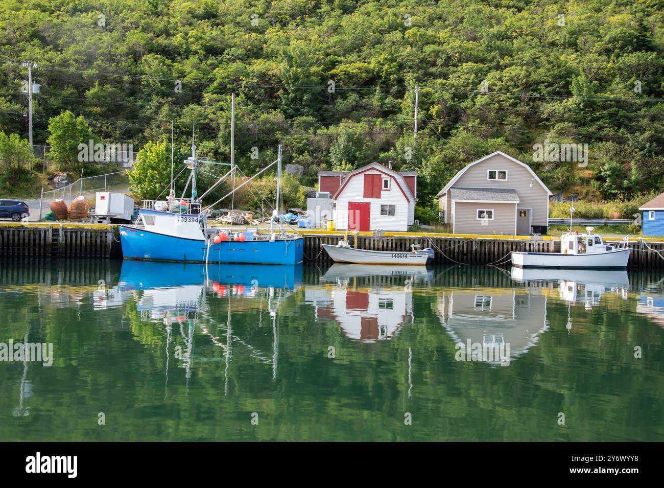 Farbenfrohe Bootsschuppen am Dock von Petty Harbour – Maddox Cove, Neufundland und Labrador, Kanada Stockfoto