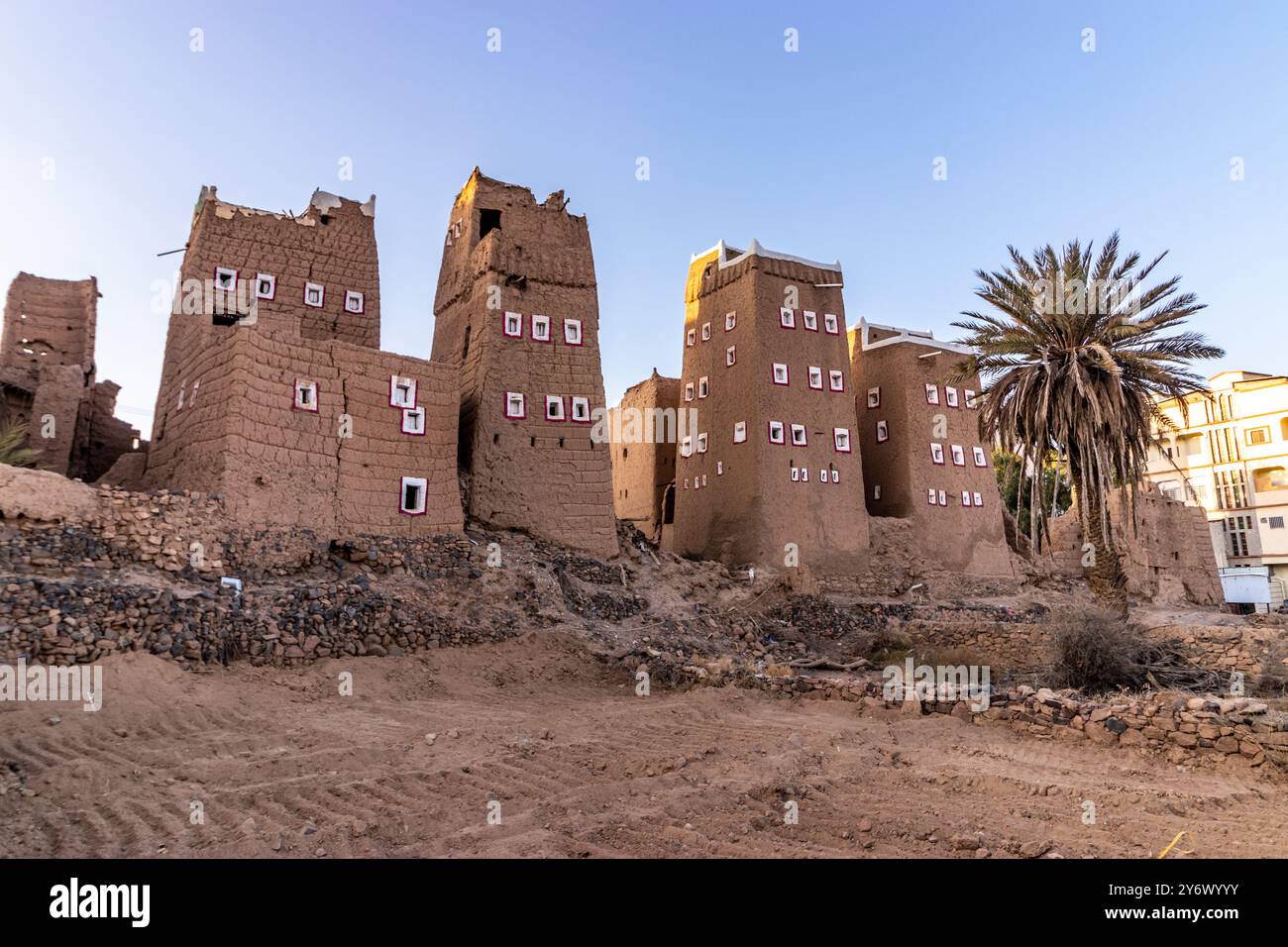 Traditionelle lehmhäuser in Dhahran al Janub, Saudi-Arabien Stockfoto