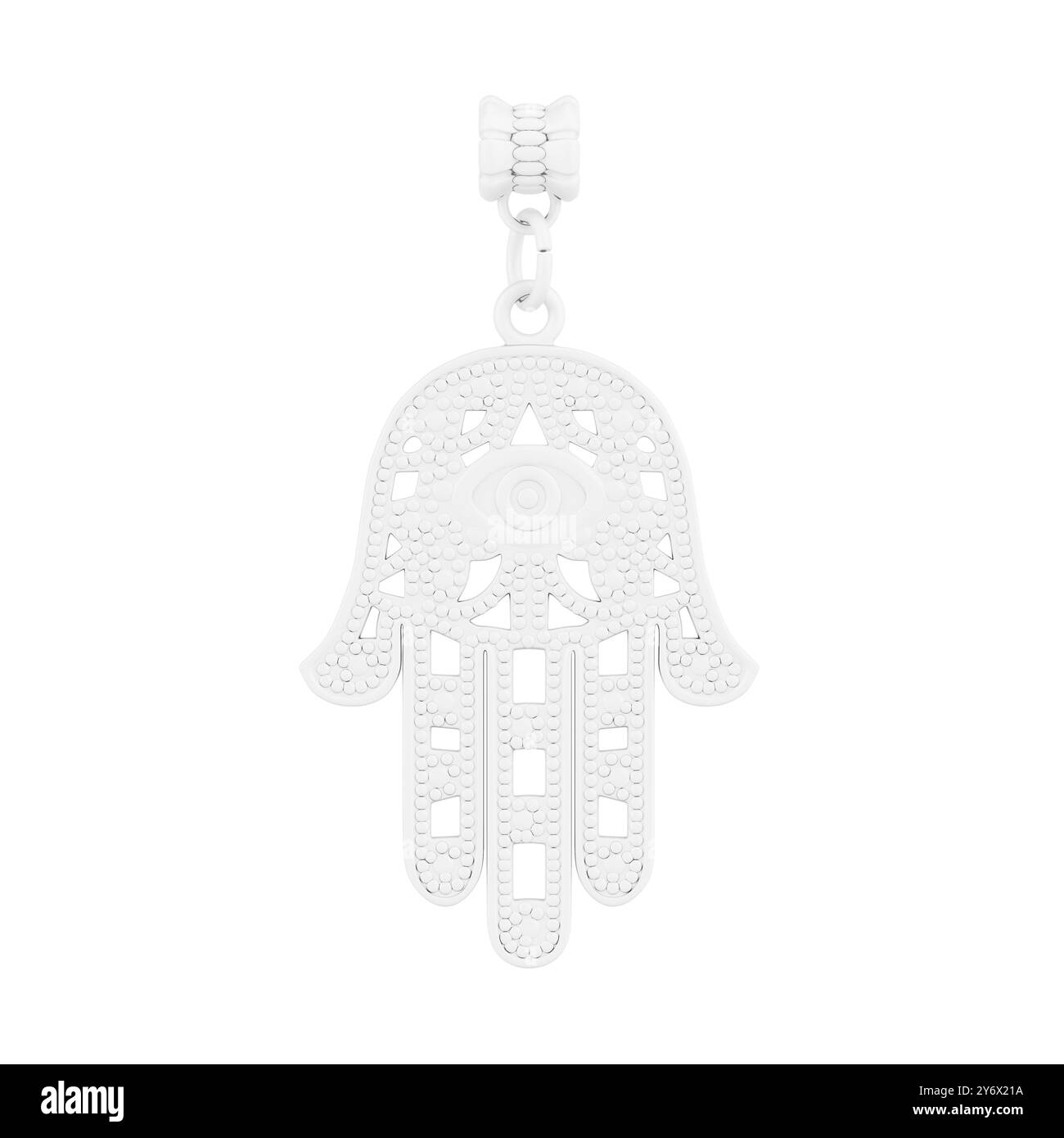 Weiße Hamsa, Hand von Fatima Amulett Coulomb im Ton-Stil auf weißem Hintergrund. 3D-Rendering Stockfoto