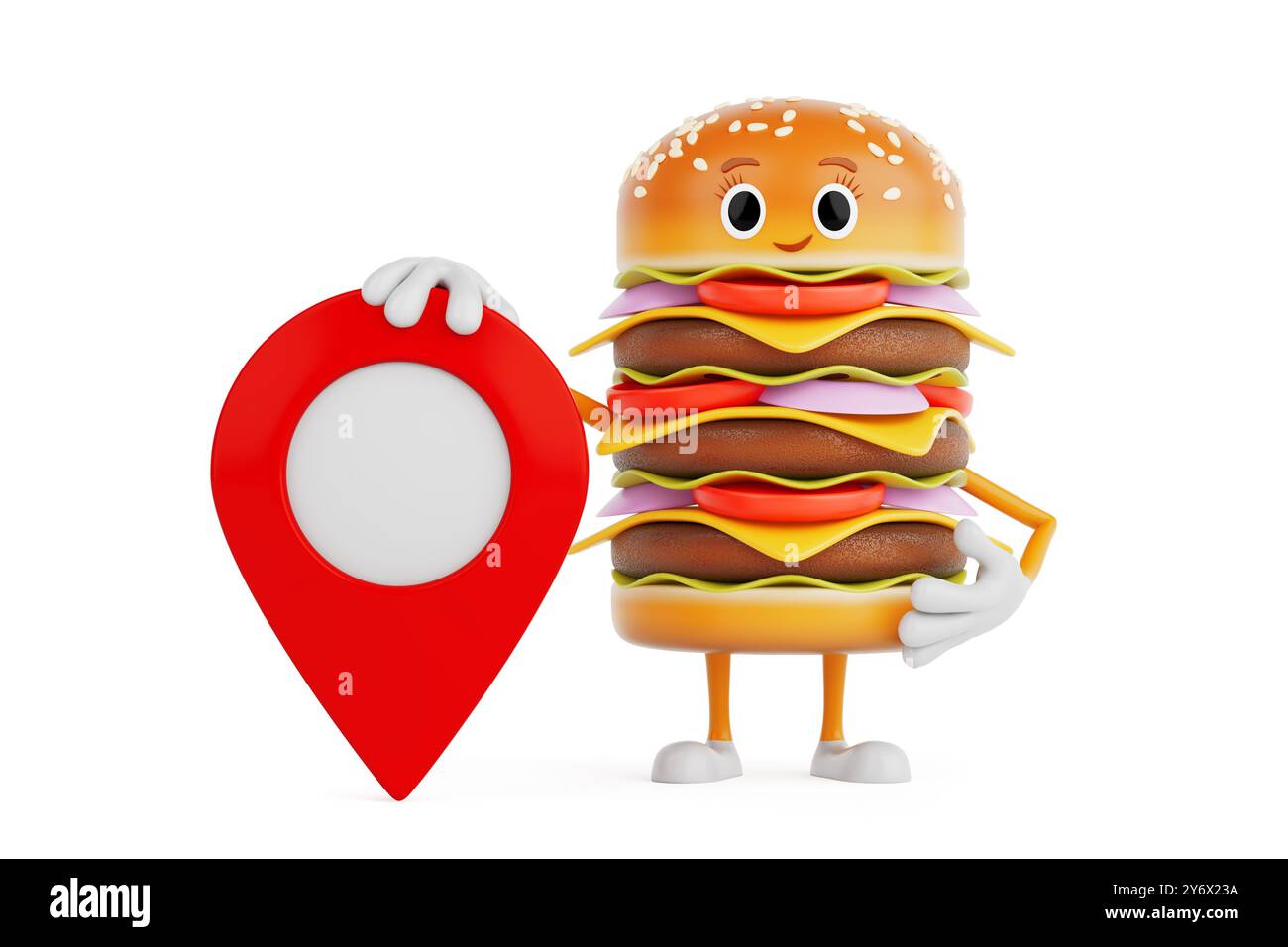 Cartoon Premium Delicious Burger Icon Person Charakter Maskottchen mit rotem Ziel Karte Zeiger Pin auf weißem Hintergrund. 3D-Rendering Stockfoto