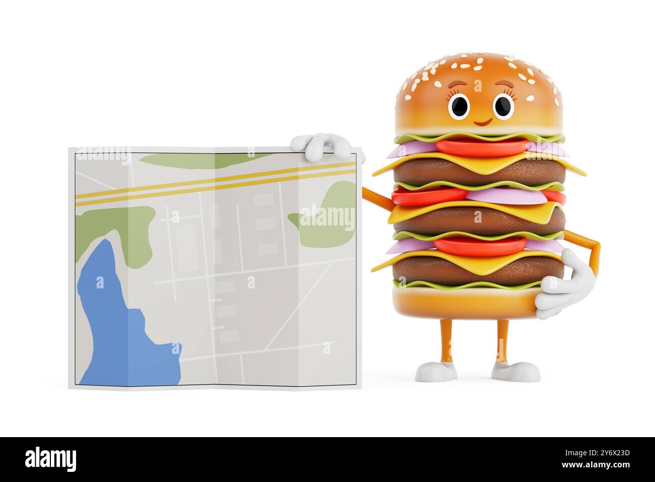 Cartoon Premium Delicious Burger Icon Person Charakter Maskottchen mit abstrakter Stadtplan Karte auf weißem Hintergrund. 3D-Rendering Stockfoto