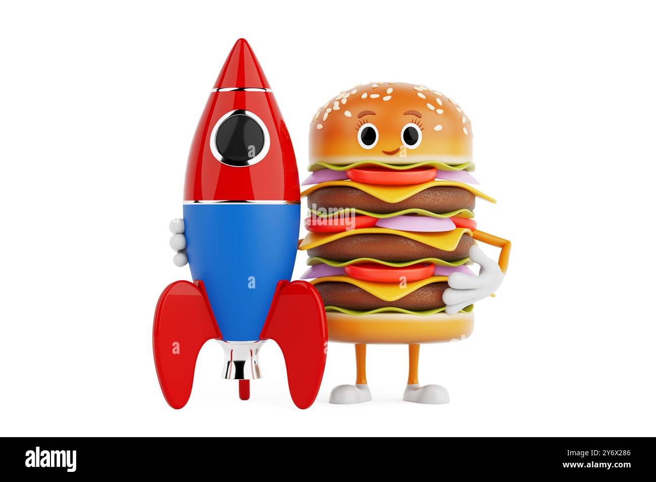 Cartoon Premium Delicious Burger Icon Person Figur Maskottchen mit Cartoon Toy Rocket auf weißem Hintergrund. 3D-Rendering Stockfoto
