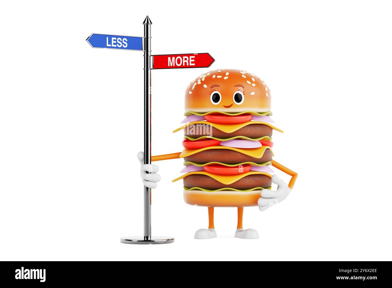 Cartoon Premium Delicious Burger Icon Person Figur Maskottchen mit weniger und mehr Richtungspfeilen Straßenschild auf weißem Hintergrund. 3D-Rendering Stockfoto