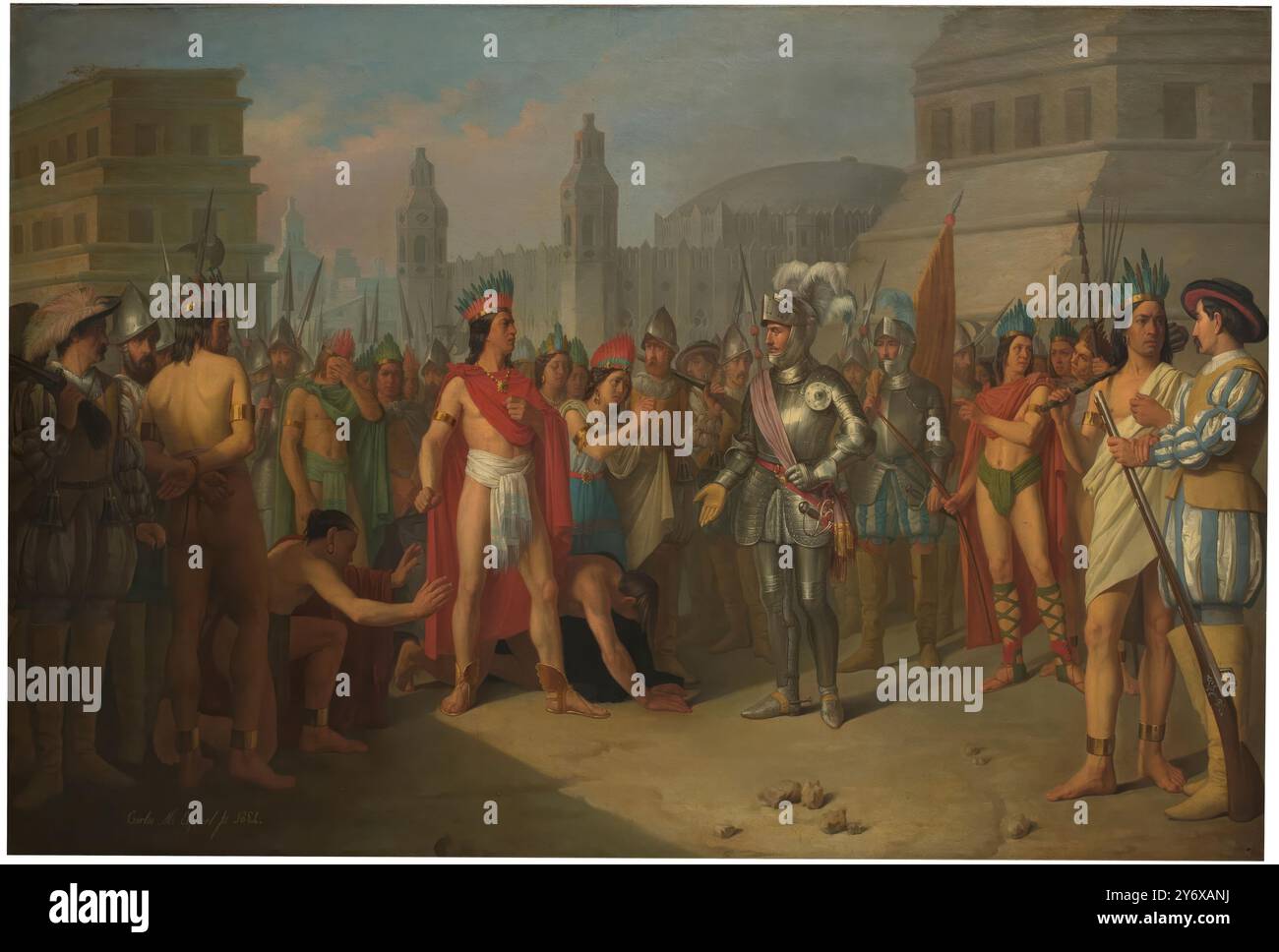Carlos María Esquivel y Rivas / 'Gefangenschaft von Guatimocín, dem letzten Kaiser der Mexikaner, durch die Truppen von Hernán Cortés und seine Präsentation vor letzterem auf dem platz von Mexiko'. 1854. Öl auf Leinwand. Museum: Museo del Prado, Madrid, España. Stockfoto