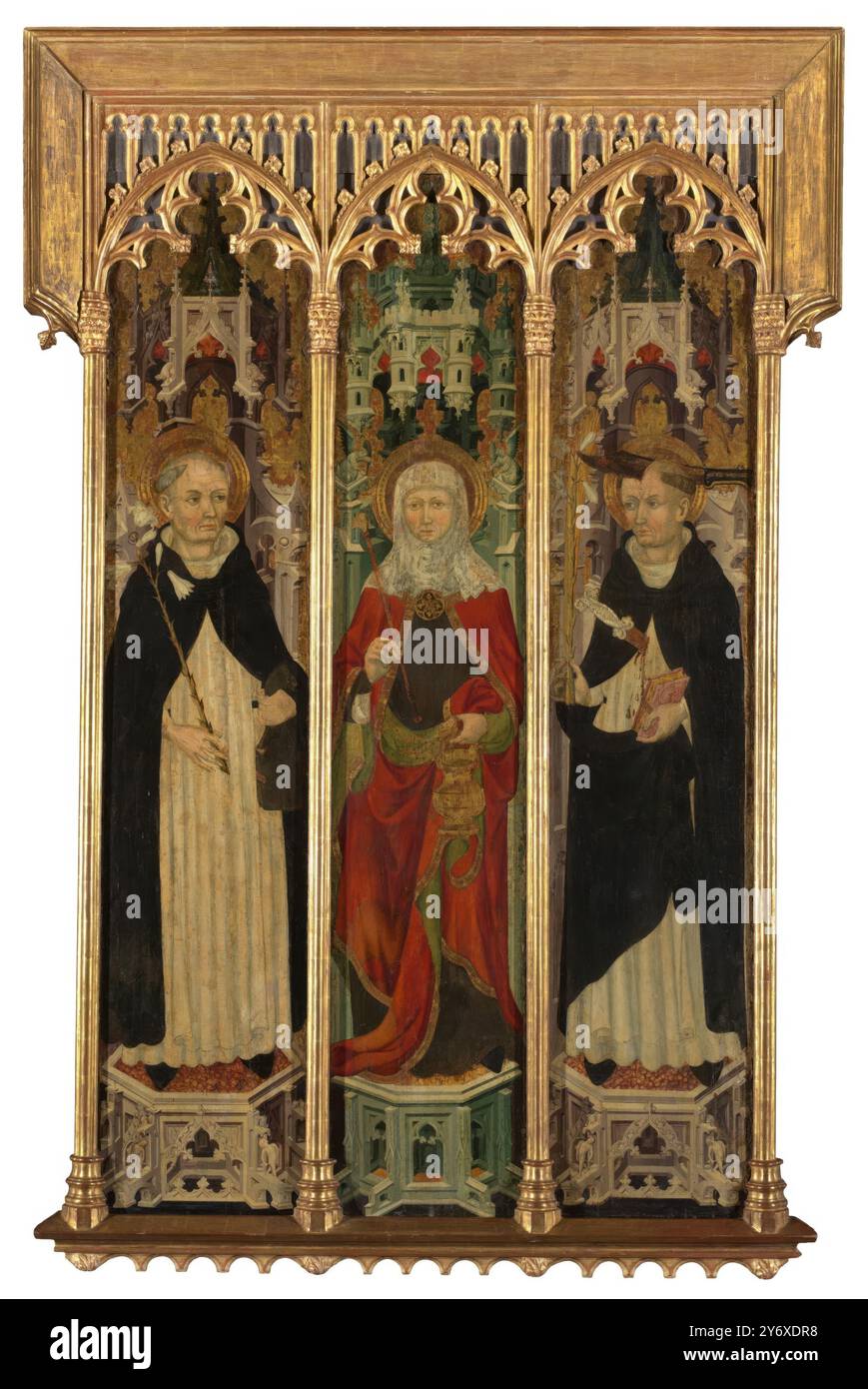 Luis Borrassà / 'Saint Martha, Saint Dominic und Saint Peter Martyr'. 1414 - 1421. Tempera auf der Platte. Museum: Museo del Prado, Madrid, España. Stockfoto