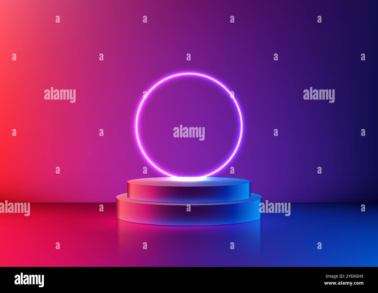 Ein futuristisches Podium, beleuchtet von einem leuchtenden Neonkreis vor einem verlaufenden Hintergrund. Ideal für Produktdisplays, Technologiepräsentationen oder moderne Mobil-Modelle Stock Vektor
