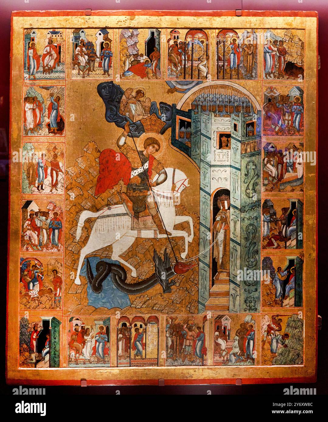 Saint Georges et scènes de sa vie, 16. Jahrhundert, Tempera et or sur bois, Novgorod, Ecole de la Russie du Nord, Petit Palais, Stadt Paris Fine Art Mu Stockfoto