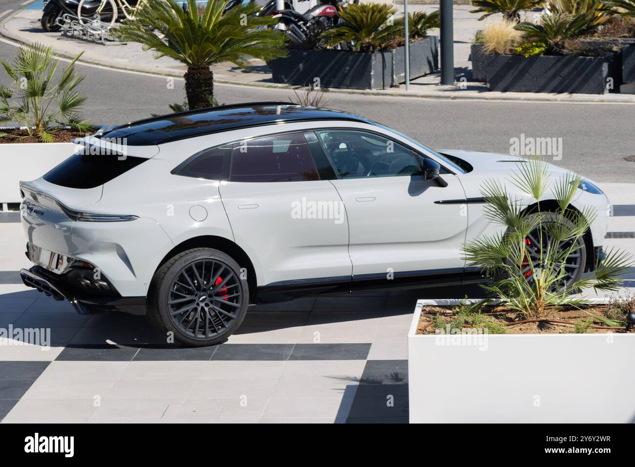 White aston martin dbx parkt an einem sonnigen Tag auf einem karierten Gehweg von Palmen Stockfoto