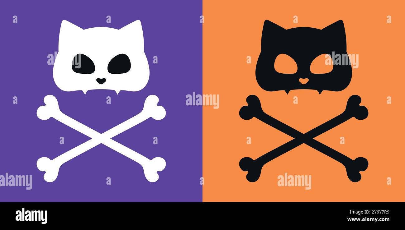 Katzenschädel mit Kreuzknochen-Set. Cat Jolly Roger. Vektorabbildung Stock Vektor