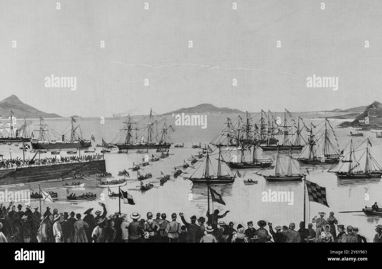 Geschichte Spaniens. Santa Cruz de La Palma, La Palma, Kanarische Inseln. Einweihung des Telegrafenkabels, das eine direkte Verbindung zwischen der Insel La Palma und der Insel Teneriffa herstellte. Aspekt des Hafens am Morgen des 16. November 1883, als die Schiffe, die das Telegrafenkabel führten, besucht wurden. Die Kabeltruppe bestand aus den Schiffen „Dacia“, „International“ und „Ceres“, die sich im Vordergrund links im Bild befinden. Stich von Bernardo Rico (1825-1894). (La Ilustración Española y Americana (die spanische und amerikanische Illustration), 15. Januar, Stockfoto