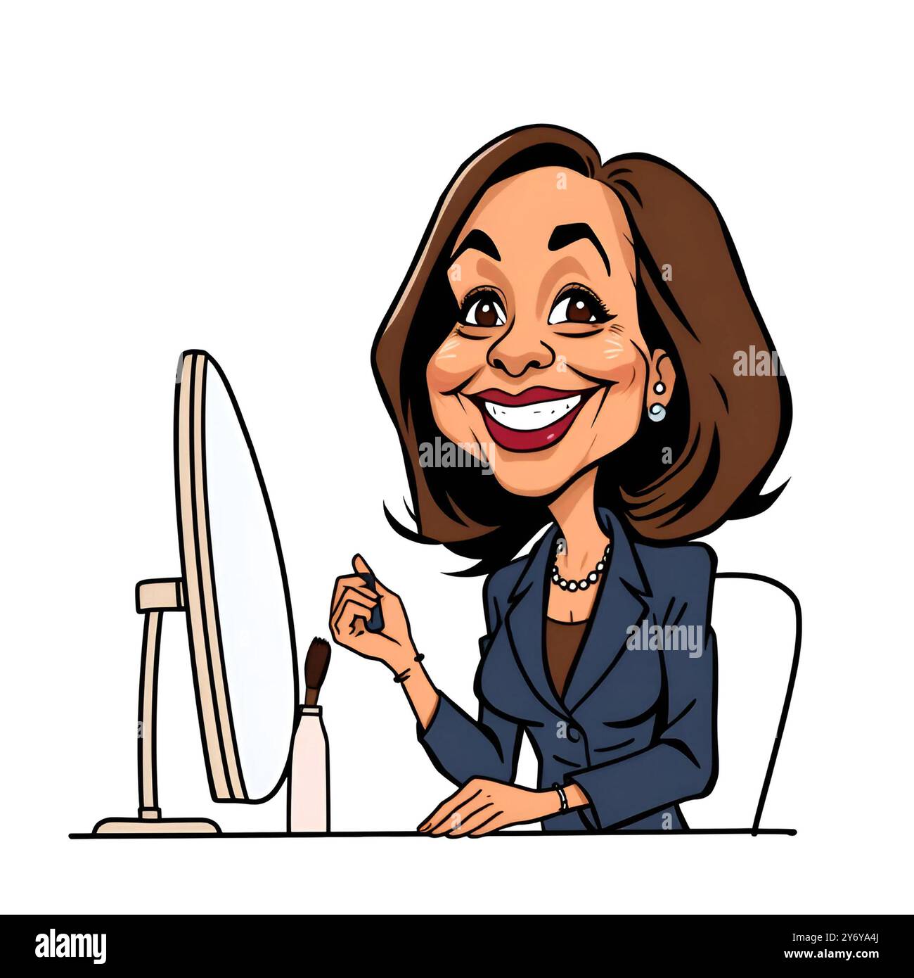 Eine Karikatur von Kamala Harris, die Lippenstift mit einem selbstbewussten Lächeln aufträgt. Es fängt ihre unterhaltsame und kraftvolle Atmosphäre auf eine unbeschwerte Weise ein. Stockfoto