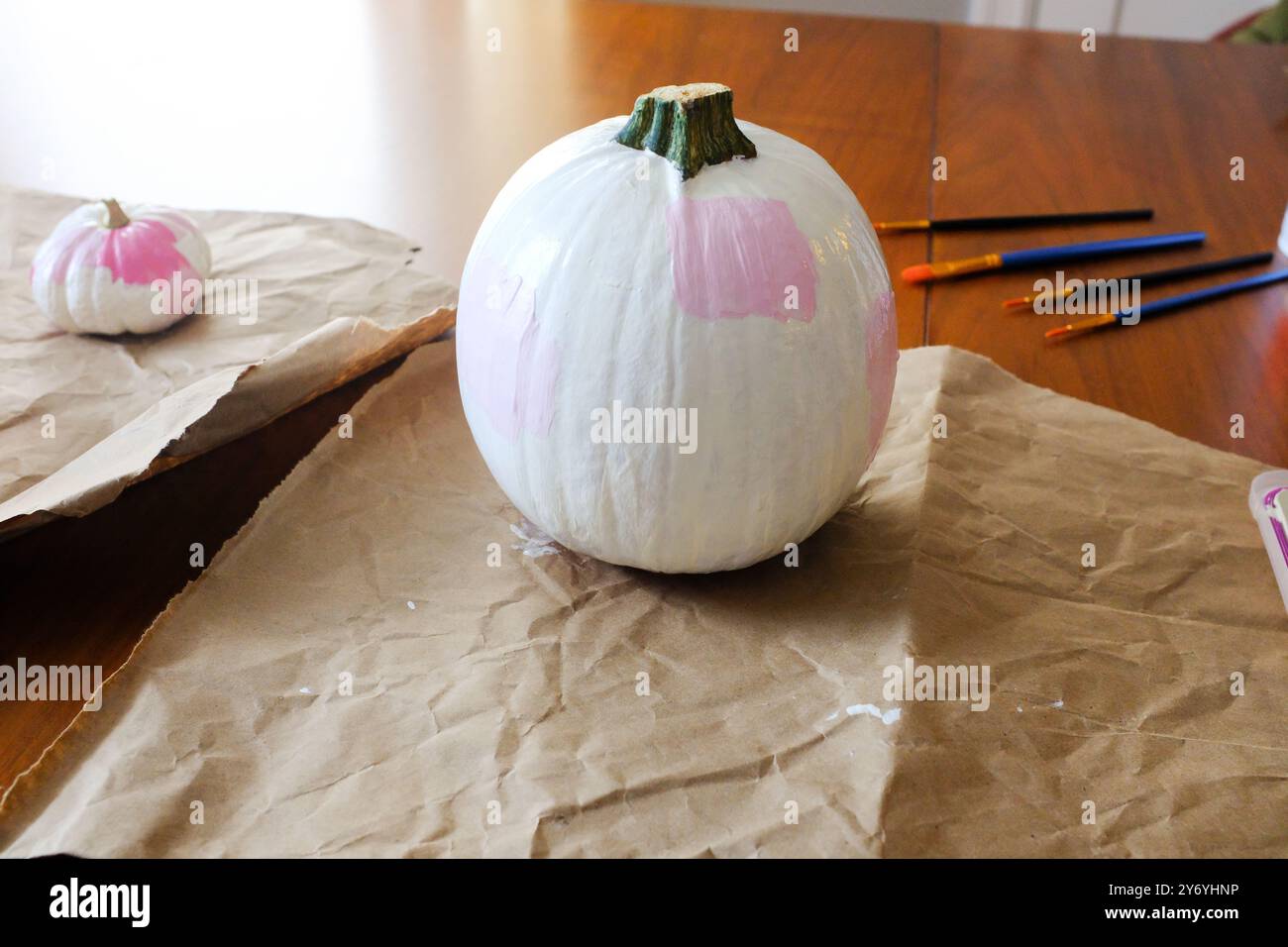 Kleiner Pie Kürbis bemalt trendiges weiß und Rosa für Halloween Basteln Stockfoto