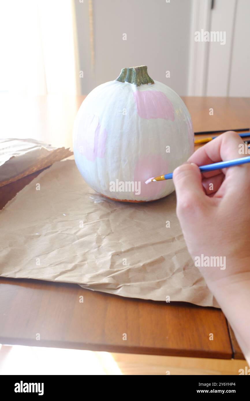 Kleiner Pie Kürbis bemalt trendiges weiß und Rosa für Halloween Basteln Stockfoto