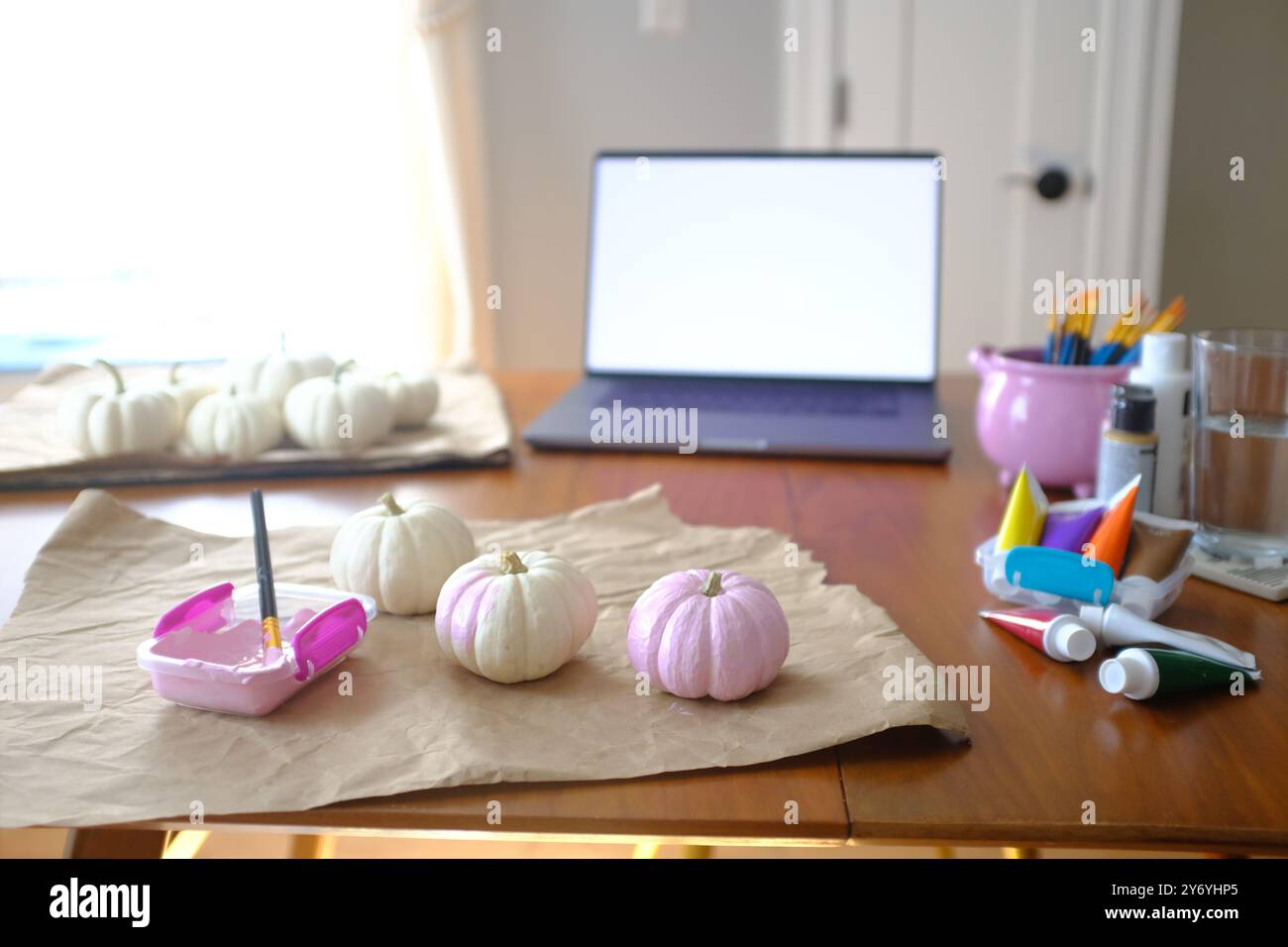 Malerei White Mini Pumpkins Pink mit Laptop im Hintergrund Stockfoto
