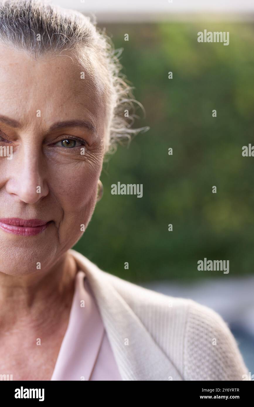 Lächelnde Seniorin mit grauem Haar in Strickjacke, Blick in die Kamera, Kopierraum, zu Hause Stockfoto