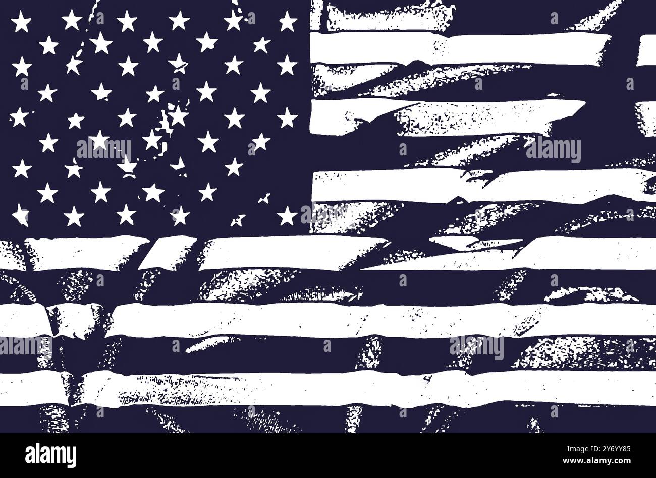 Abstraktes und strukturiertes Bild der amerikanischen Flagge in dunklen Blau- und Weißtönen Stockfoto