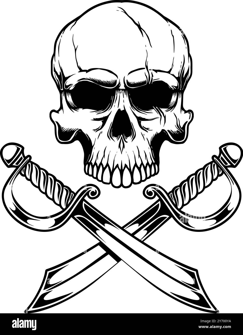 Piratenschädel mit gekreuzten Säbeln. Designelement für Poster, Emblem, Schild. Stock Vektor