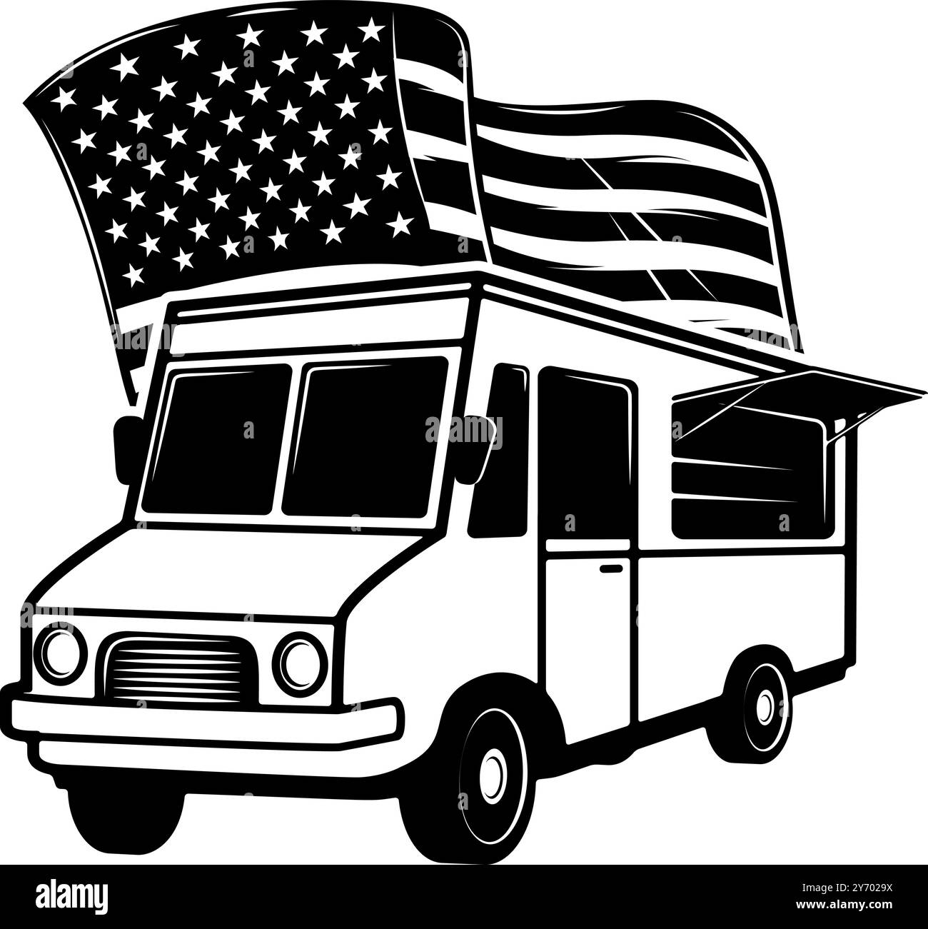 Retro Food Truck mit amerikanischer Flagge. Designelement für Poster, Karte, Banner, Schild. Vektorabbildung Stock Vektor