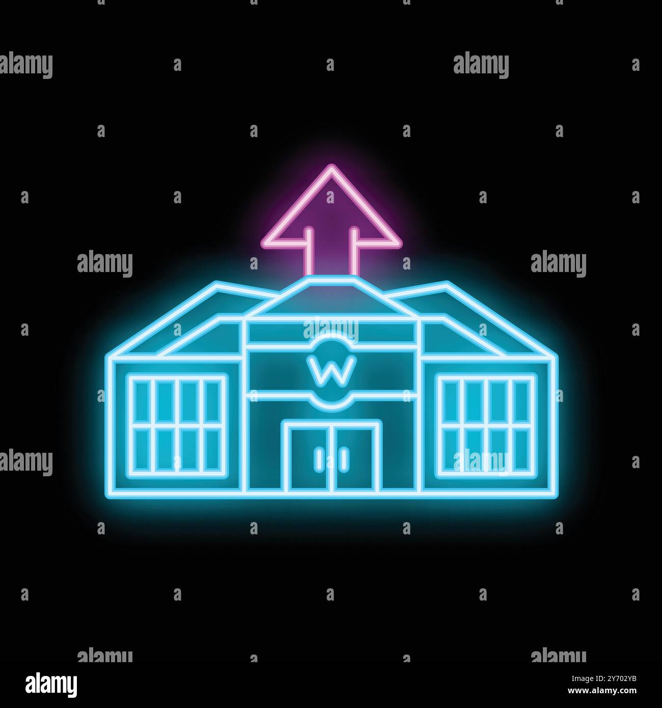 Neon leuchtendes Symbol des Lagerhauses mit Aufwärtspfeil auf schwarzem Hintergrund, geeignet für Web, Druck, Aufkleber, Apps und Poster Stock Vektor