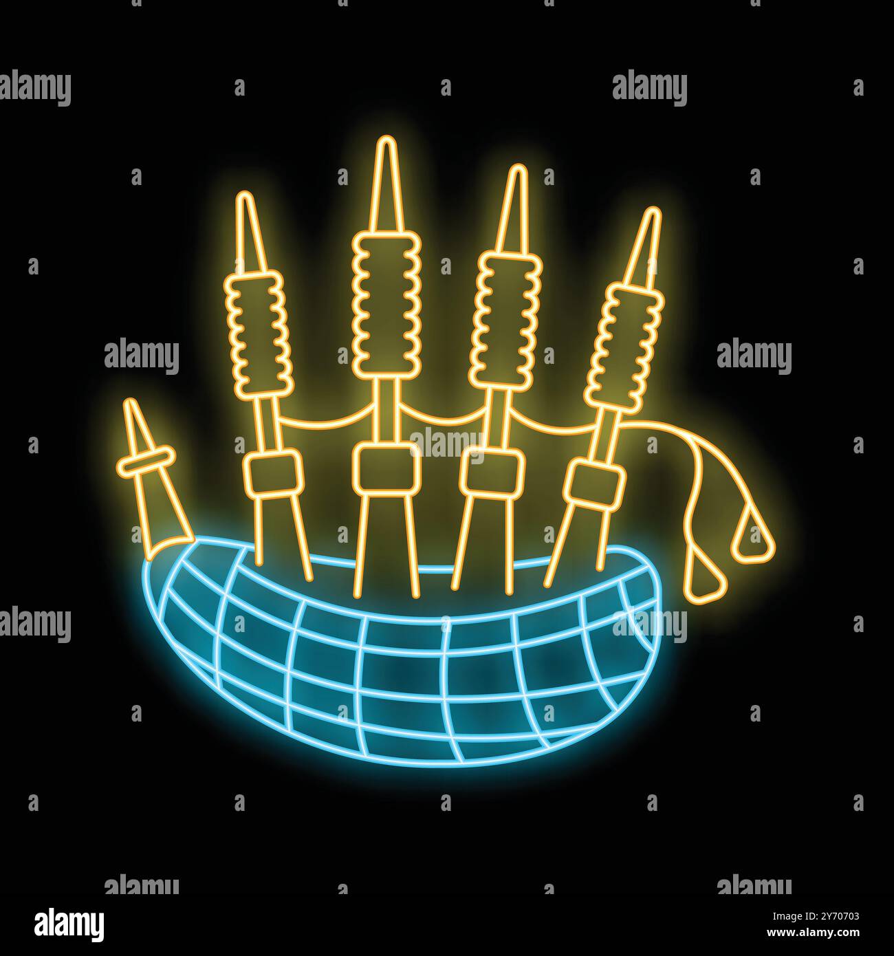 Leuchtende Neon-Dudelsackpfeifen, perfekt für jedes Projekt, das eine helle musikalische Illustration benötigt Stock Vektor