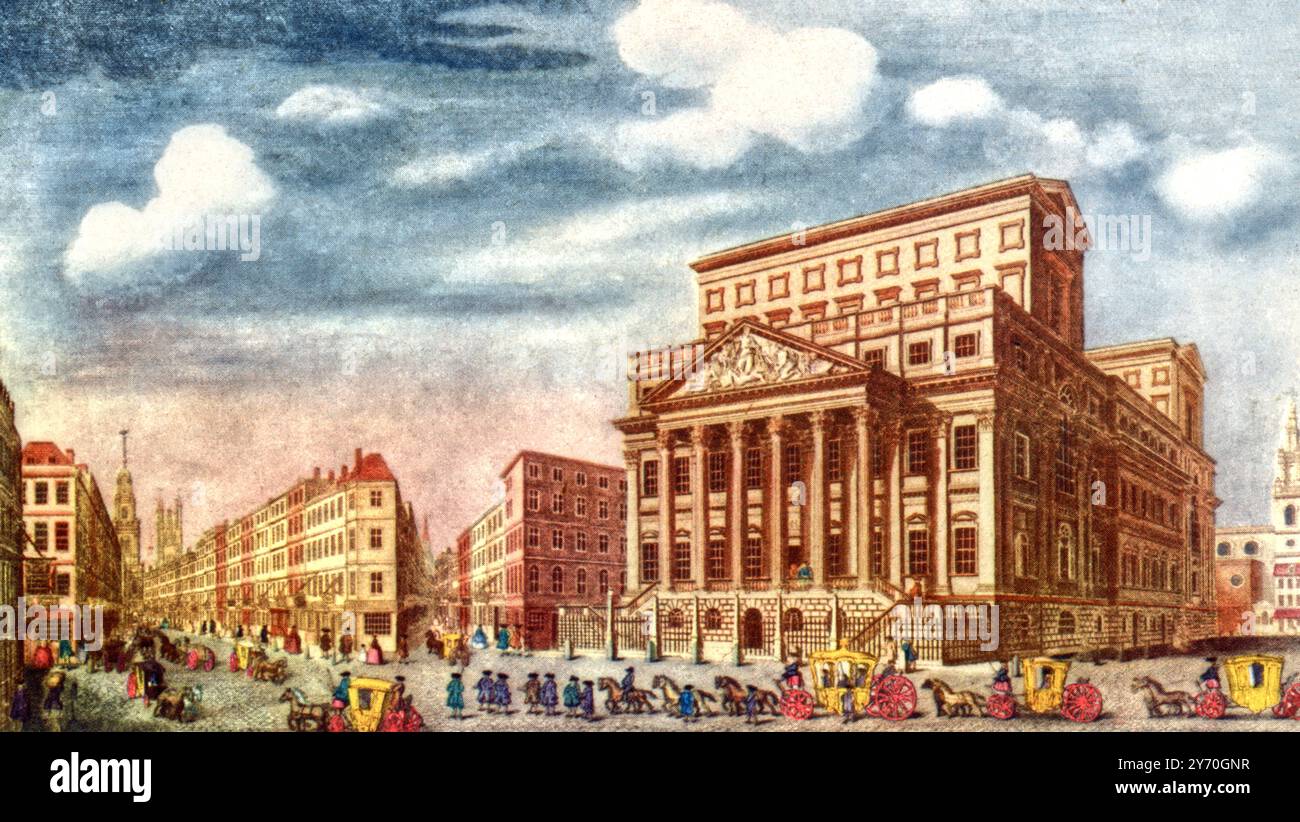 Das Herrenhaus des Lord Mayor, 1745. Von Paul Fourdrinier (1698–1758), nach Samuel Wale (1721–1786). Das Mansion House ist die offizielle Residenz des Lord Mayor of London. Entworfen von George Dance (1695–1768), im palladianischen Stil, wurde es hauptsächlich in den 1740er Jahren gebaut Im Vordergrund dieser Gravur ist eine offizielle Prozession zu sehen, möglicherweise die Lord Mayor's Show. Stockfoto