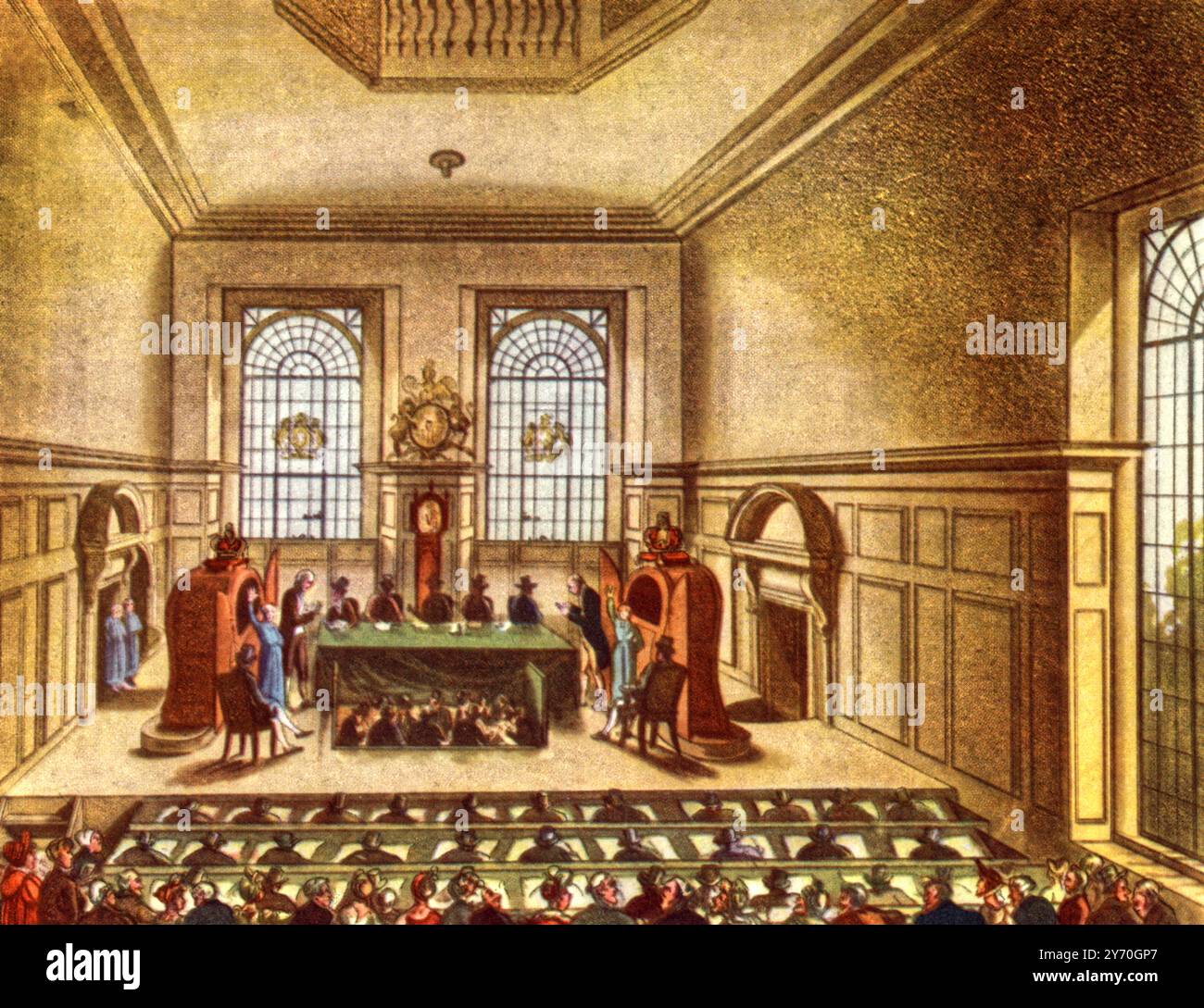 Lotteriezeichnung in der Coopers Hall, 1809. Ein Abdruck aus The Microcosm of London von William Henry Pyne (1770–1843). Illustriert von Thomas Rowlandson (1756–1827) und Auguste Charles Pugin (1762–1832). Staatliche Lotterien wurden von der Bank of England gegründet, um Geld für „gute Zwecke“ zu generieren und Großbritannien zu ermöglichen, kriegsbereit zu sein. Zu den frühen englischen Staatslotterien zählten die Million Lottery (1694) und die Malt Lottery (1697). Stockfoto