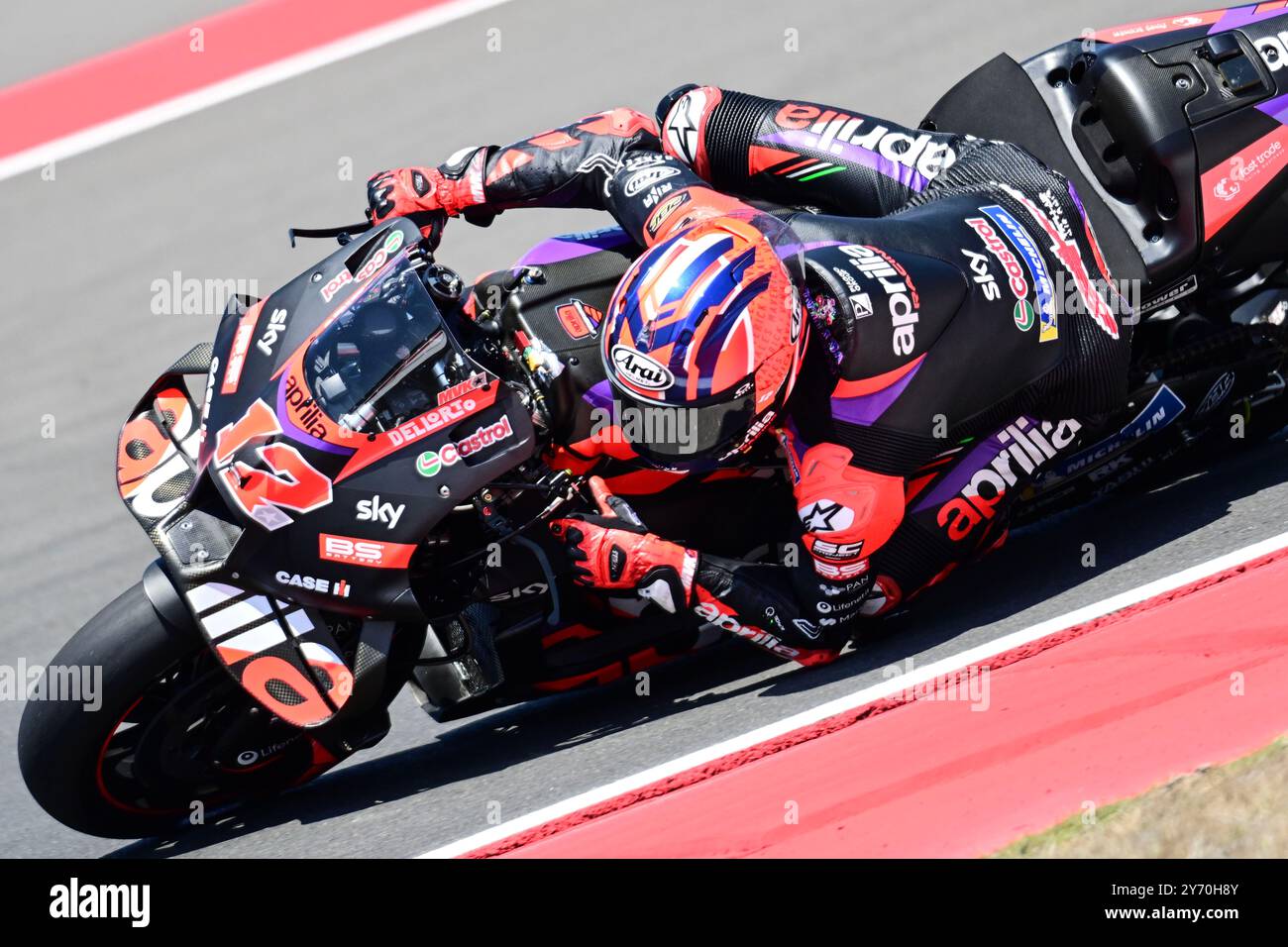 Lombok, Indonesien. September 2024. Maverick Vinales von Aprilia Racing tritt am 27. September 2024 beim Pertamina Mandalika Grand Prix von Indonesien 2024 in Lombok Island an. Veri Sanovri/Xinhua/Alamy Live News Stockfoto