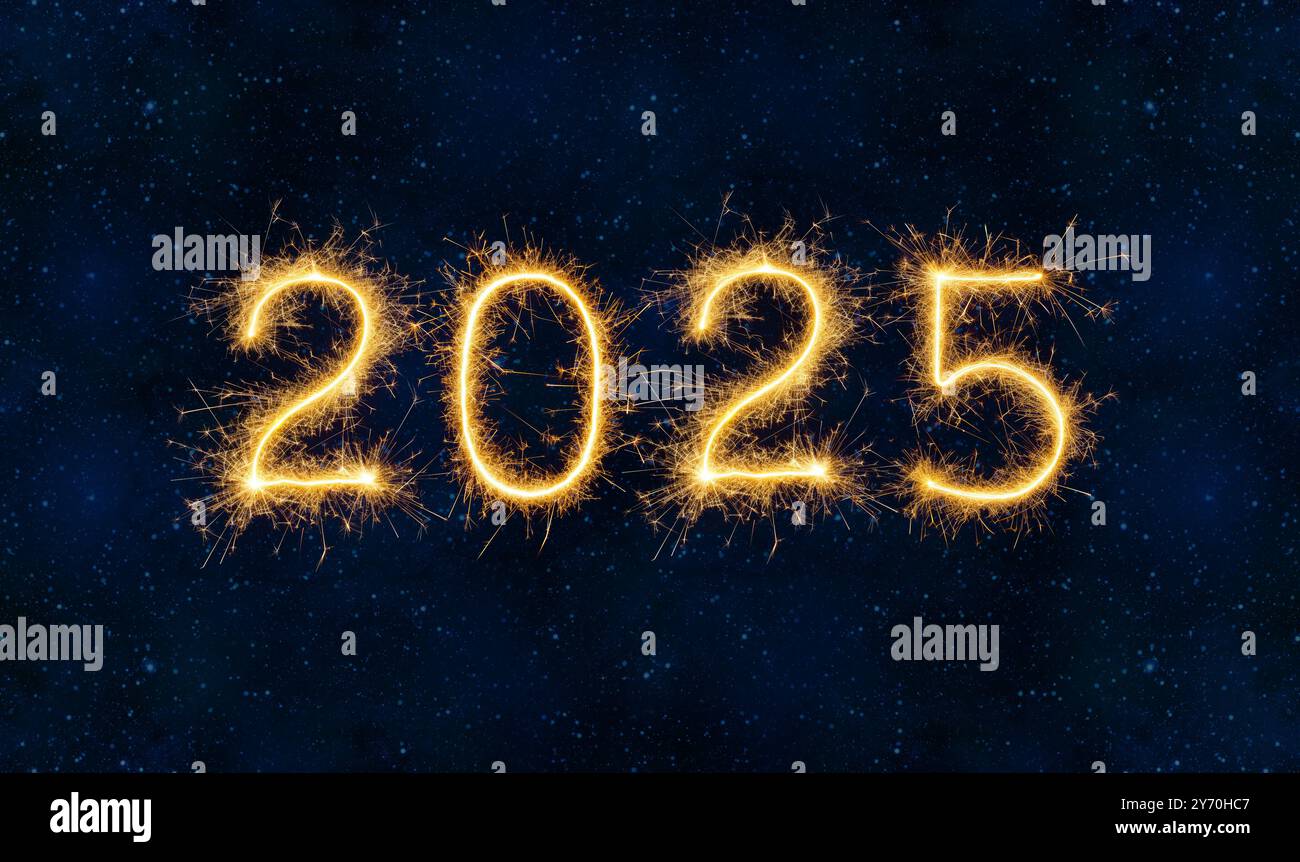 Happy New Year 2025 Feuerwerk am Night Sky Universe in Blue Stockfoto
