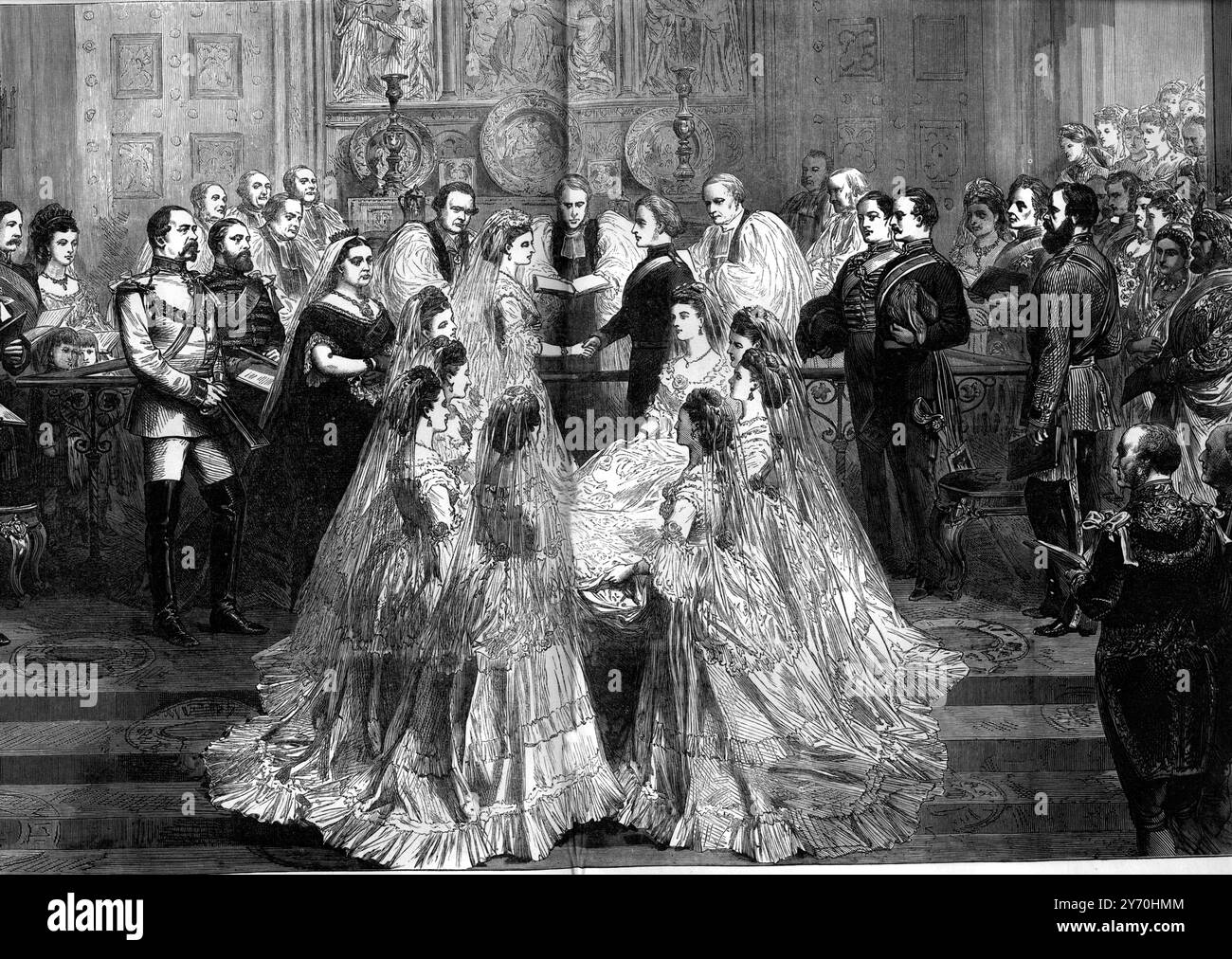 Königliche Hochzeit von Prinzessin Louise und John Campbell, Marquis of Lorne am 21. März 1871 die Hochzeitszeremonie in der St. George's Chapel, Windsor Prinzessin Louise, Herzogin von Argyll, VA, CI, GCVO, GBE, RRC, GCSTJ (Louise Caroline Alberta; 18. März 1848–3. Dezember 1939) war das sechste Kind und vierte Tochter von Königin Victoria und Prinz Albert. John George Edward Henry Douglas Sutherland Campbell, 9. Duke of Argyll, KG, KT, GCMG, GCVO, VD, PC (6. August 1845 – 2. Mai 1914), meist besser bekannt unter dem Höflichkeitstitel Marquess of Lorne, unter dem er zwischen 1847 und 1900 bekannt war, war ein britischer n Stockfoto