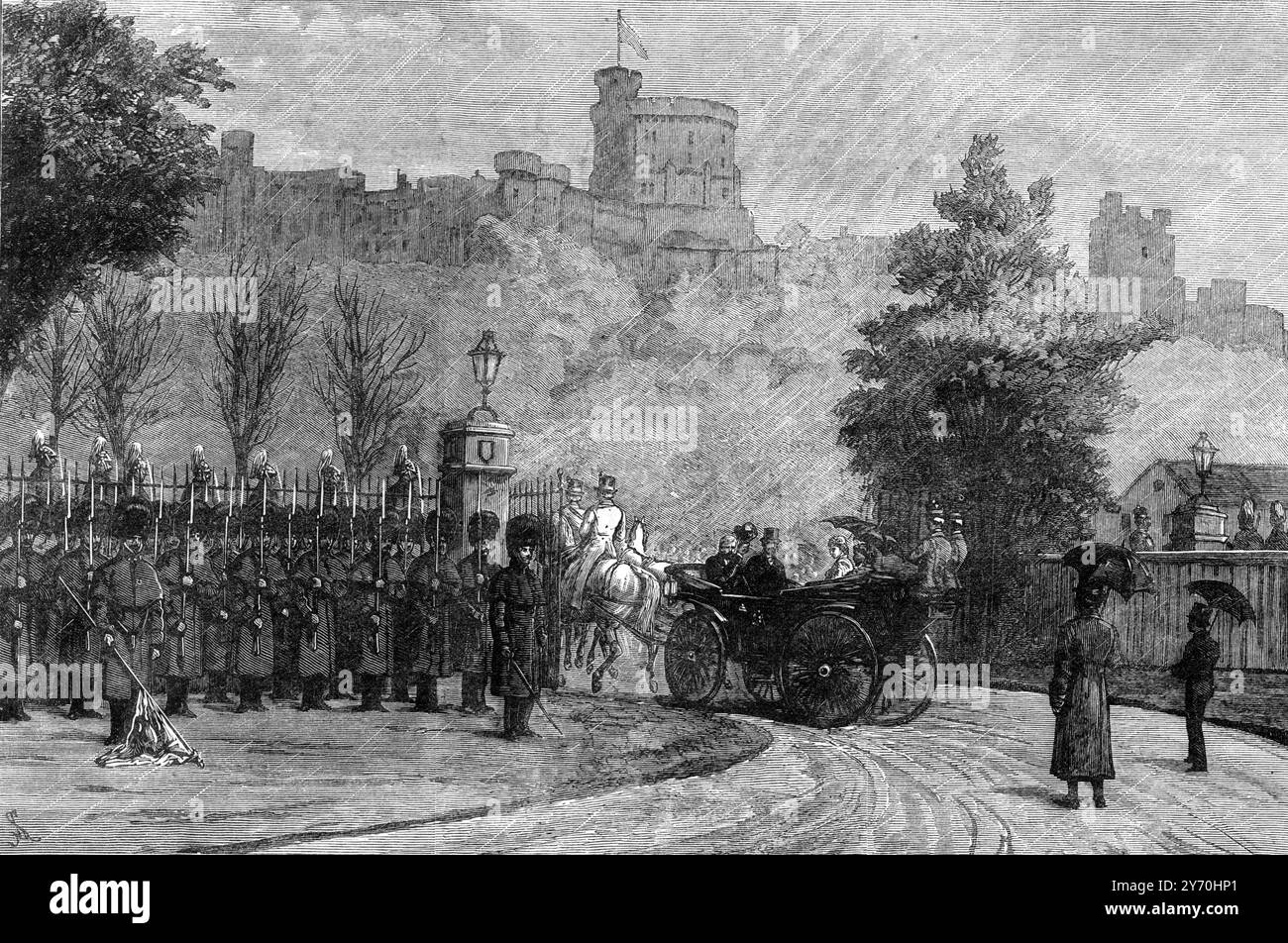 Ankunft von Prinzessin Helen von Waldeck-Pyrmont in Windsor 1882 Prinzessin Helena von Waldeck und Pyrmont [1] (Helene Friederike Auguste; spätere Herzogin von Albany; 17. Februar 1861 – 1. September 1922), die durch Heirat Mitglied der britischen Königsfamilie wurde, war die Tochter von George Victor, Prinz von Waldeck und Pyrmont (heute Regionen in Deutschland) und seiner Frau, Prinzessin Helena von Nassau (ebenfalls in Deutschland). Prinz Leopold, Herzog von Albany, KG, KT, GCSI, GCMG, GCStJ (Leopold George Duncan Albert; 7. April 1853–28. März 1884) war das achte Kind und der jüngste Sohn von Königin Victoria und Prinz A. Stockfoto