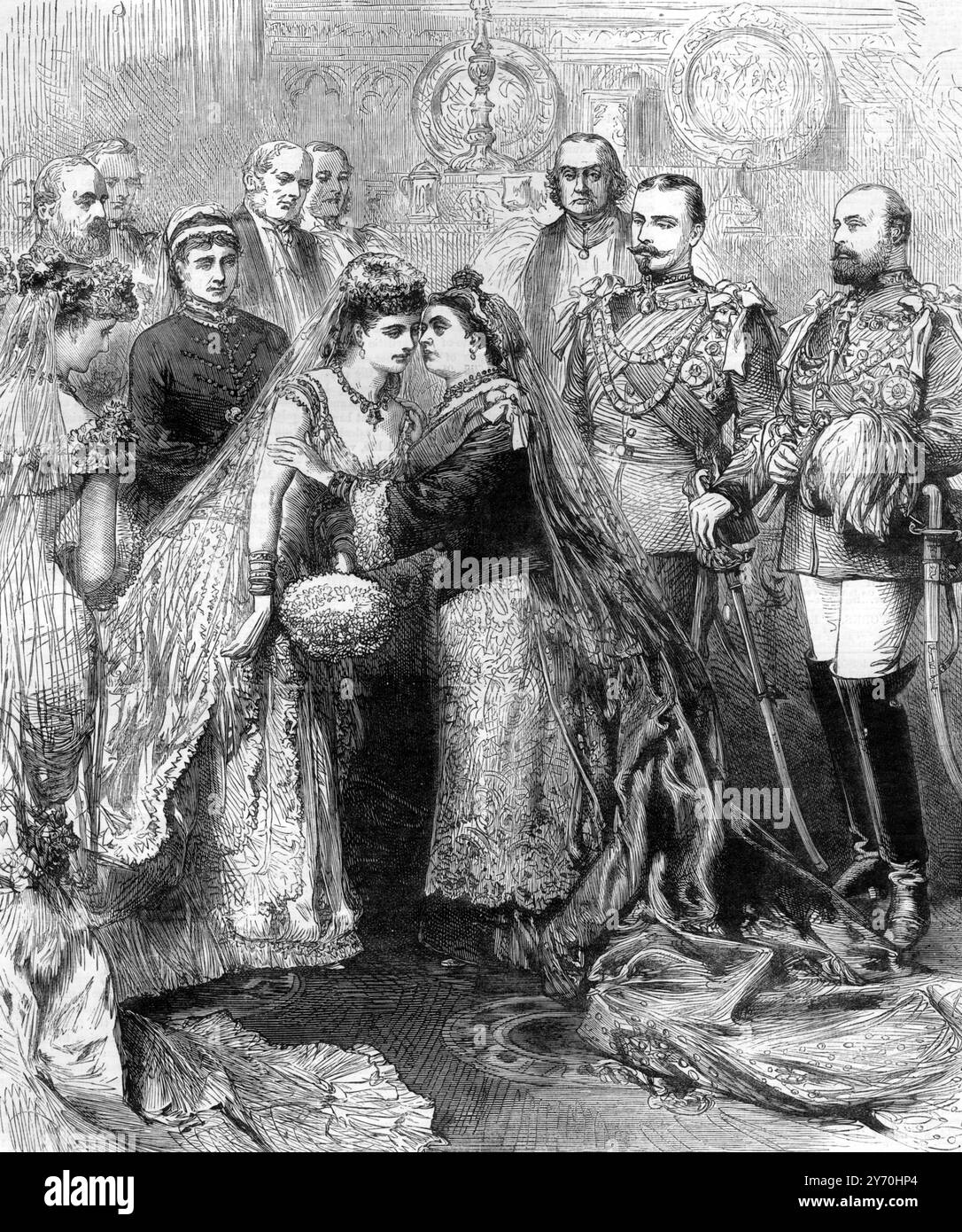 Die königliche Hochzeit von Prinz Leopold, Herzog von Albany und Prinzessin Helen von Waldeck-Pyrmont Königin Victoria küsst ihre Schwiegertochter 27. April 1882 Prinzessin Helena von Waldeck und Pyrmont [1] (Helene Friederike Auguste; spätere Herzogin von Albany; 17. Februar 1861 - 1. September 1922), die durch Heirat Mitglied der britischen Königsfamilie wurde, war die Tochter von George Victor, Prinz von Waldeck und Pyrmont (heute in Deutschland). Prinz Leopold, Herzog von Albany, KG, KT, GCSI, GCMG, GCStJ (Leopold George Duncan Albert; 7. April 18 Stockfoto