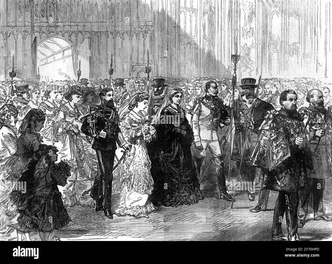 Heirat von Prinzessin Louise mit John Campbell, Marquess of Lorne am 21. März 1871 die Brautprozession in der St. George's Chapel . Windsor Prinzessin Louise, Herzogin von Argyll, VA, CI, GCVO, GBE, RRC, GCStJ (Louise Caroline Alberta; 18. März 1848–3. Dezember 1939) war das sechste Kind und vierte Tochter von Queen Victoria und Prinz Albert. John George Edward Henry Douglas Sutherland Campbell, 9. Duke of Argyll, KG, KT, GCMG, GCVO, VD, PC (6. August 1845 – 2. Mai 1914), meist besser bekannt unter dem Höflichkeitstitel Marquess of Lorne, unter dem er zwischen 1847 und 1900 bekannt war, war ein britischer Nobl Stockfoto